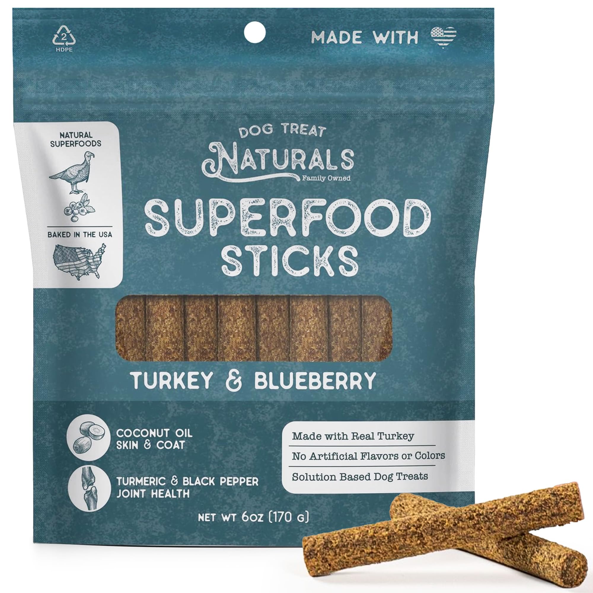 Dog Treat Naturals Turkey & Blueberry Superfood Sticks for Dogs | Premium Training Treats | with Turmeric for Joint Health | Mad