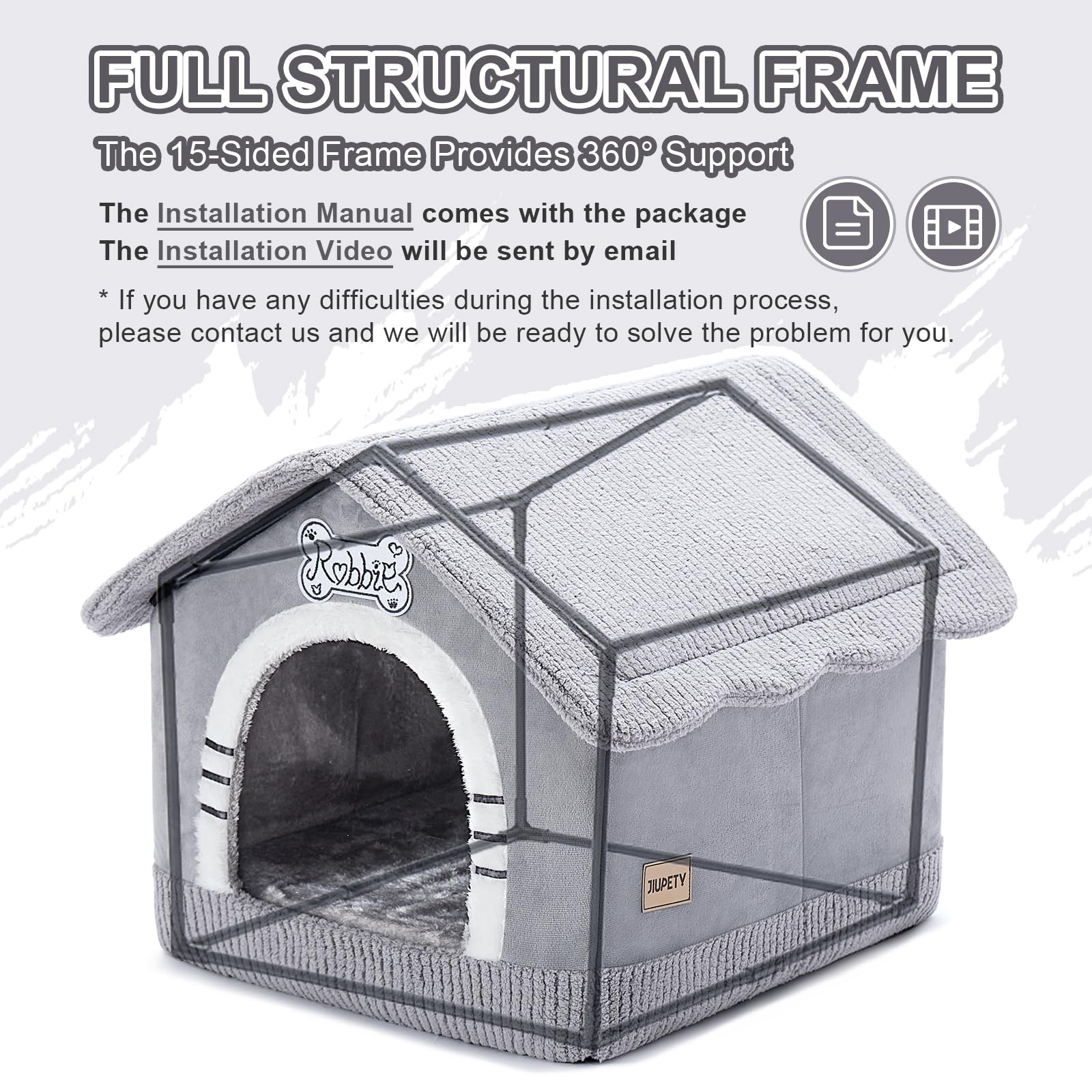 Jiupety Large Indoor Dog House, Cozy Insulated Dog Cave Bed for 25-60 lb Dogs, Grey (30"×26"×25")