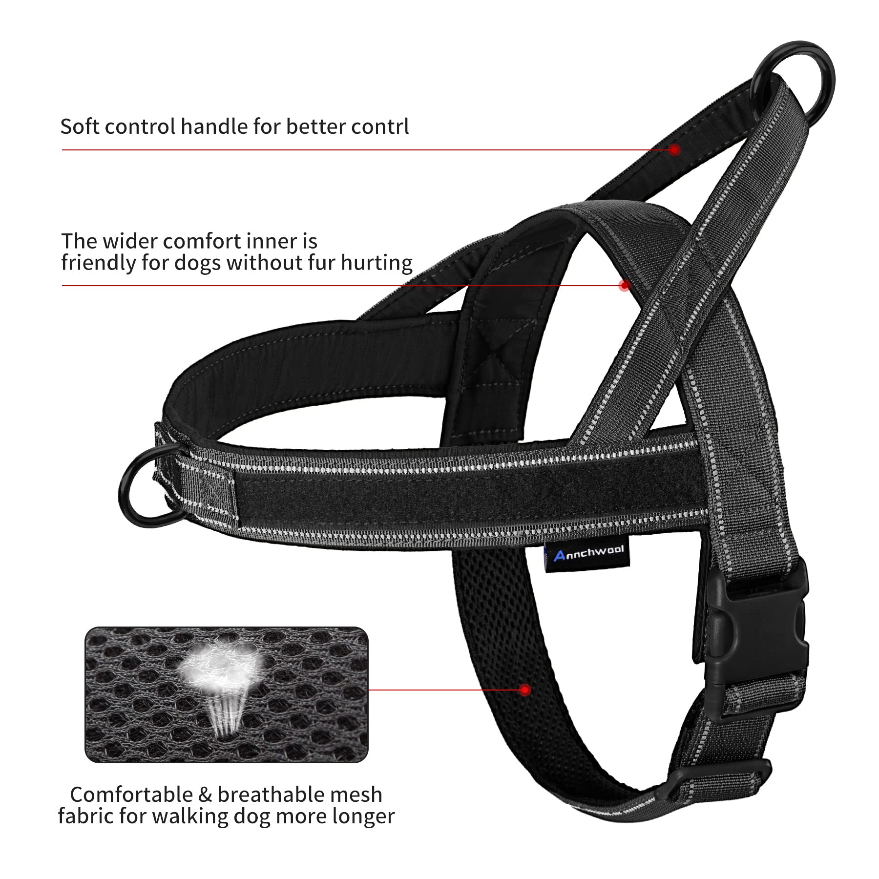 Annchwool No Pull Dog Harness with Padded Handle & 5 Ft Leash, Reflective, Escape Proof, Size S, Black Set, Model DH-DL-01Bk-S