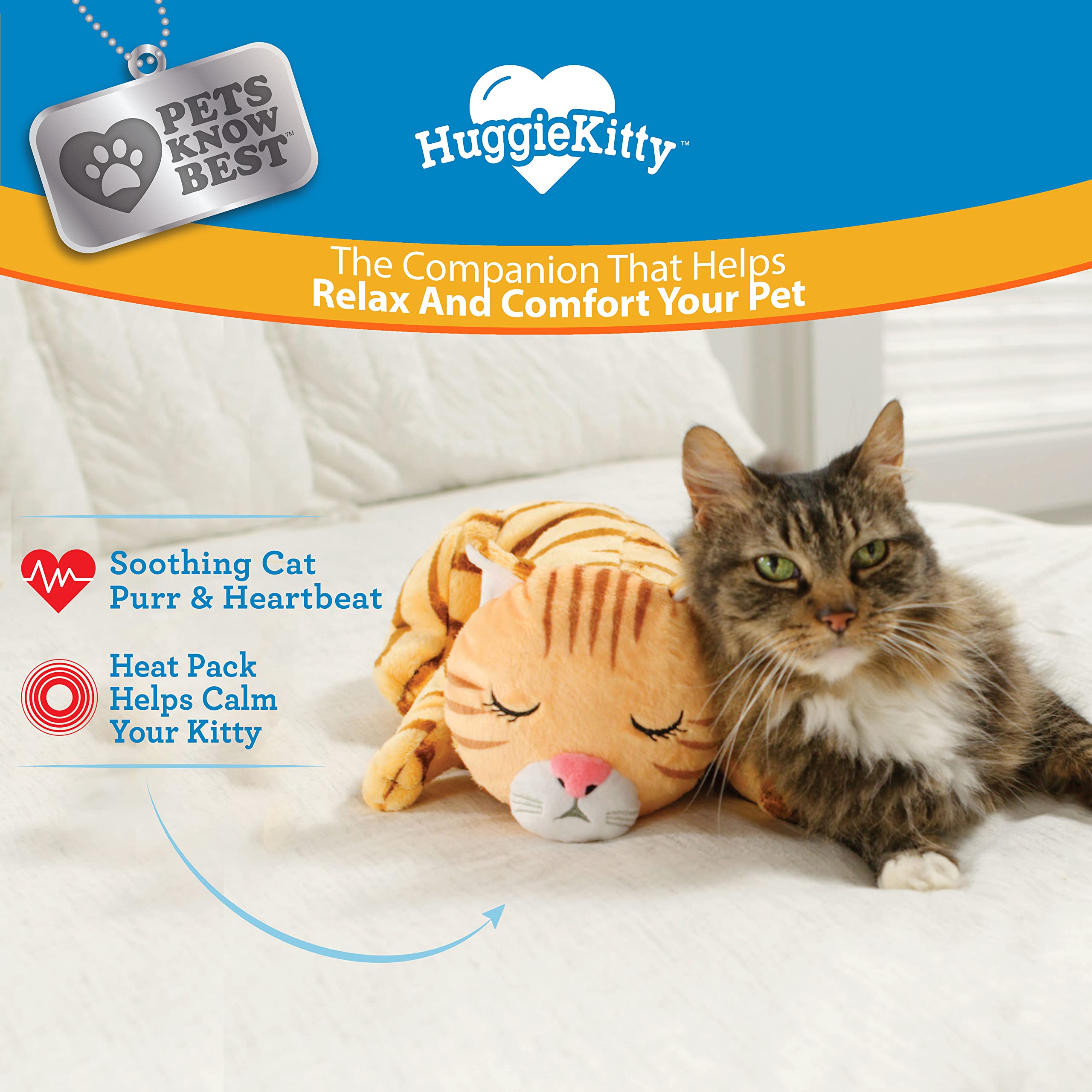 Pets Know Best Huggiekitty Cuddly Cat Toy, Soothing Sound & Warmth Help Relax & Comfort Your Pet- Purr & Heartbeat, Heating Pack