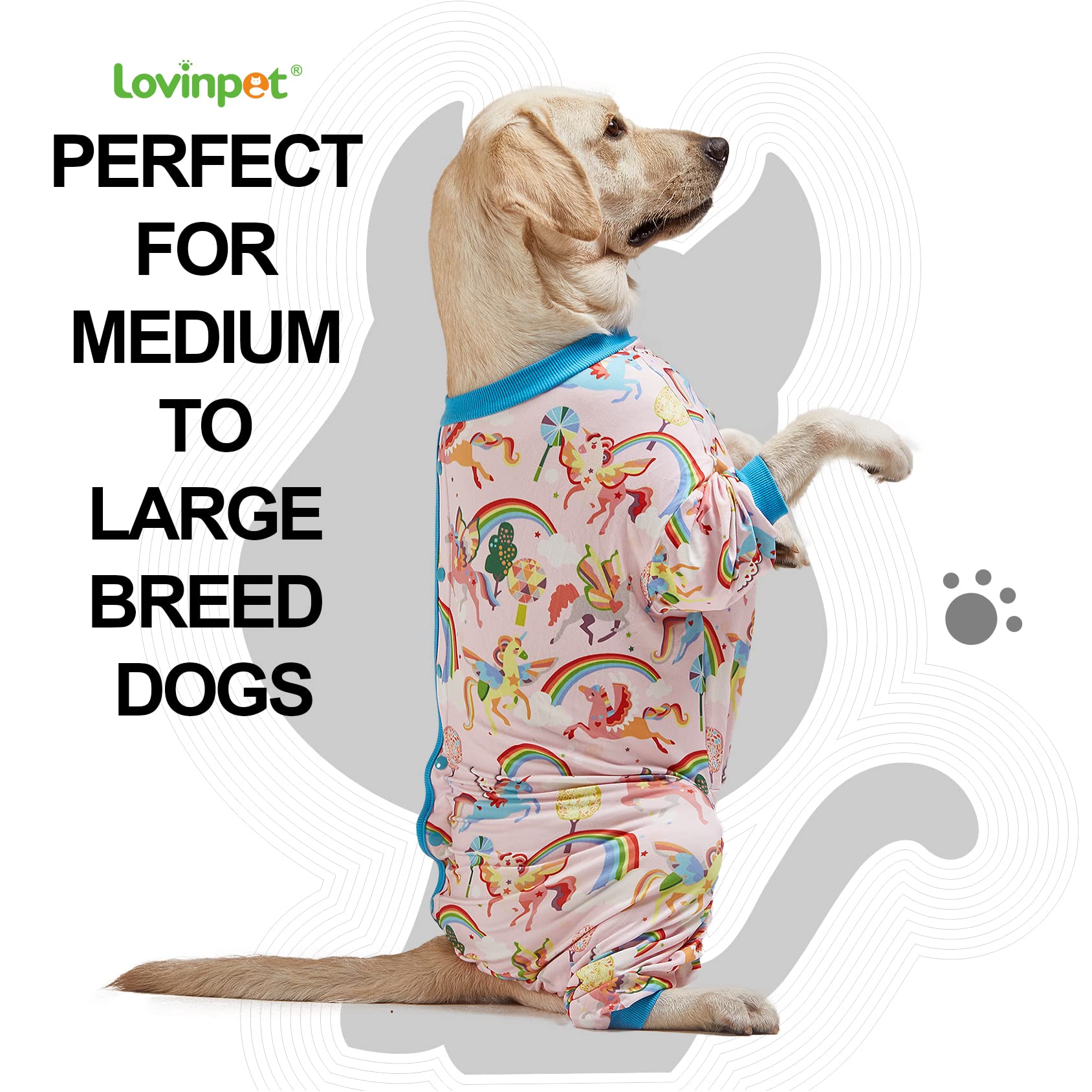 Lovinpet Large Size Dog Pajamas Onesie- Magic Rainbow Shine Pink Print, Lightweight Stretchy Knit Pullover Large Puppy Pajamas,