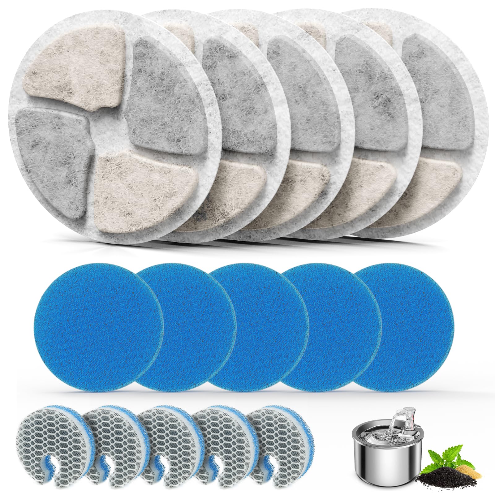 Stainless Steel Cat Water Fountain Filters, 5 Pack Replacement Filters Fit For Round 2L/67Oz Automatic Pet Fountain, Filter With