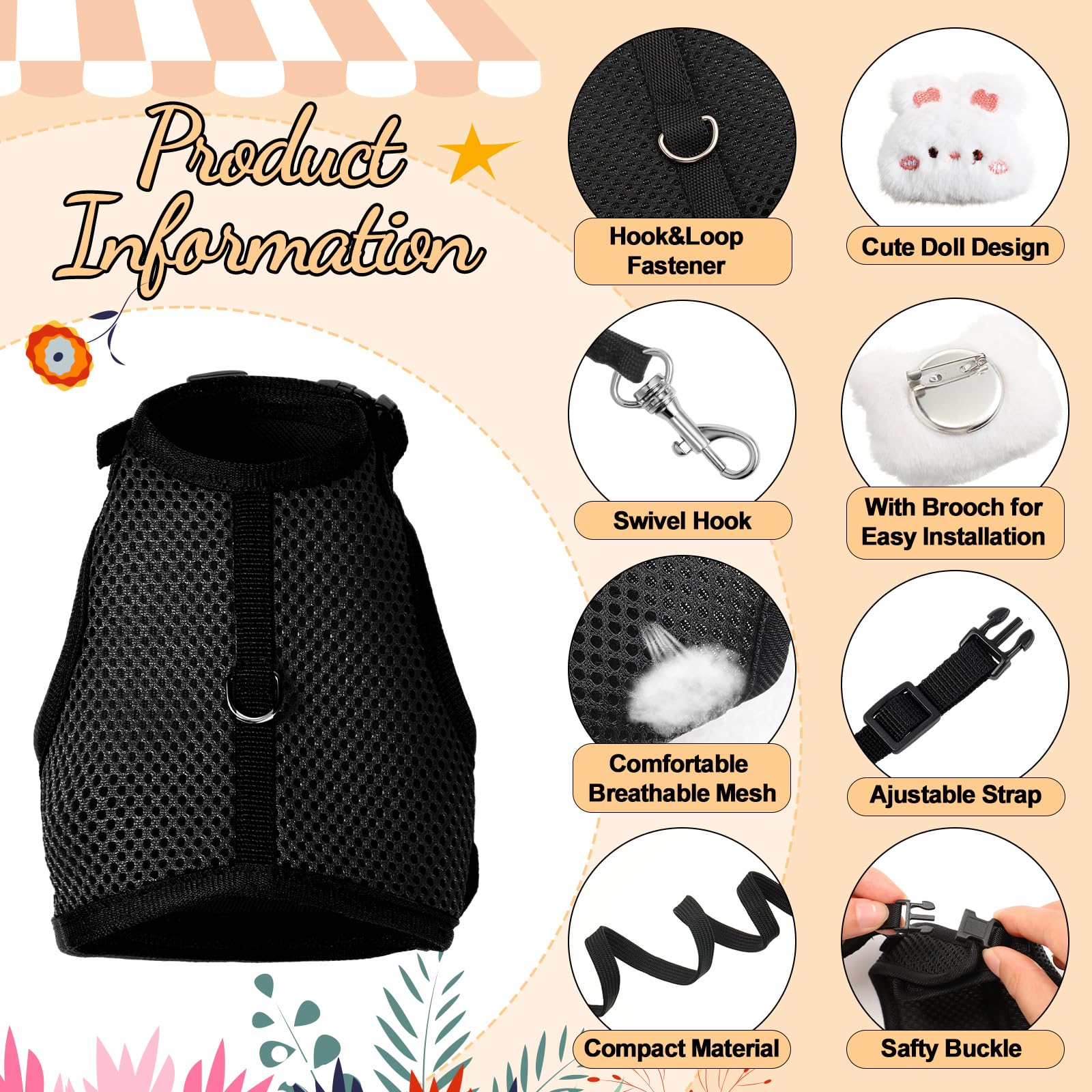 Rabbit Harness And Leash Set With 2 Cute Decorations Bunny Clothes Adjustable Buckle Breathable Mesh Vest Harness For Rabbits Fe