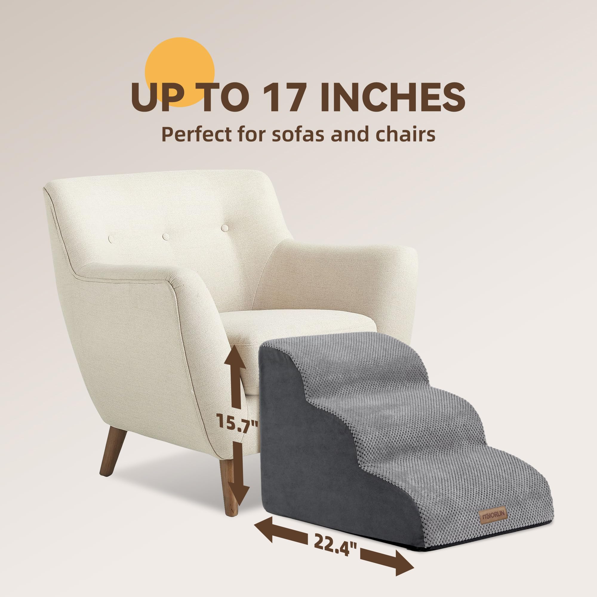 Miorun Dog Stairs Ramp For Bed And Couch Up To 17', Slope 3-Step Foam Steps For Pets To Get On Sofa, Puppy Ladder With Washable