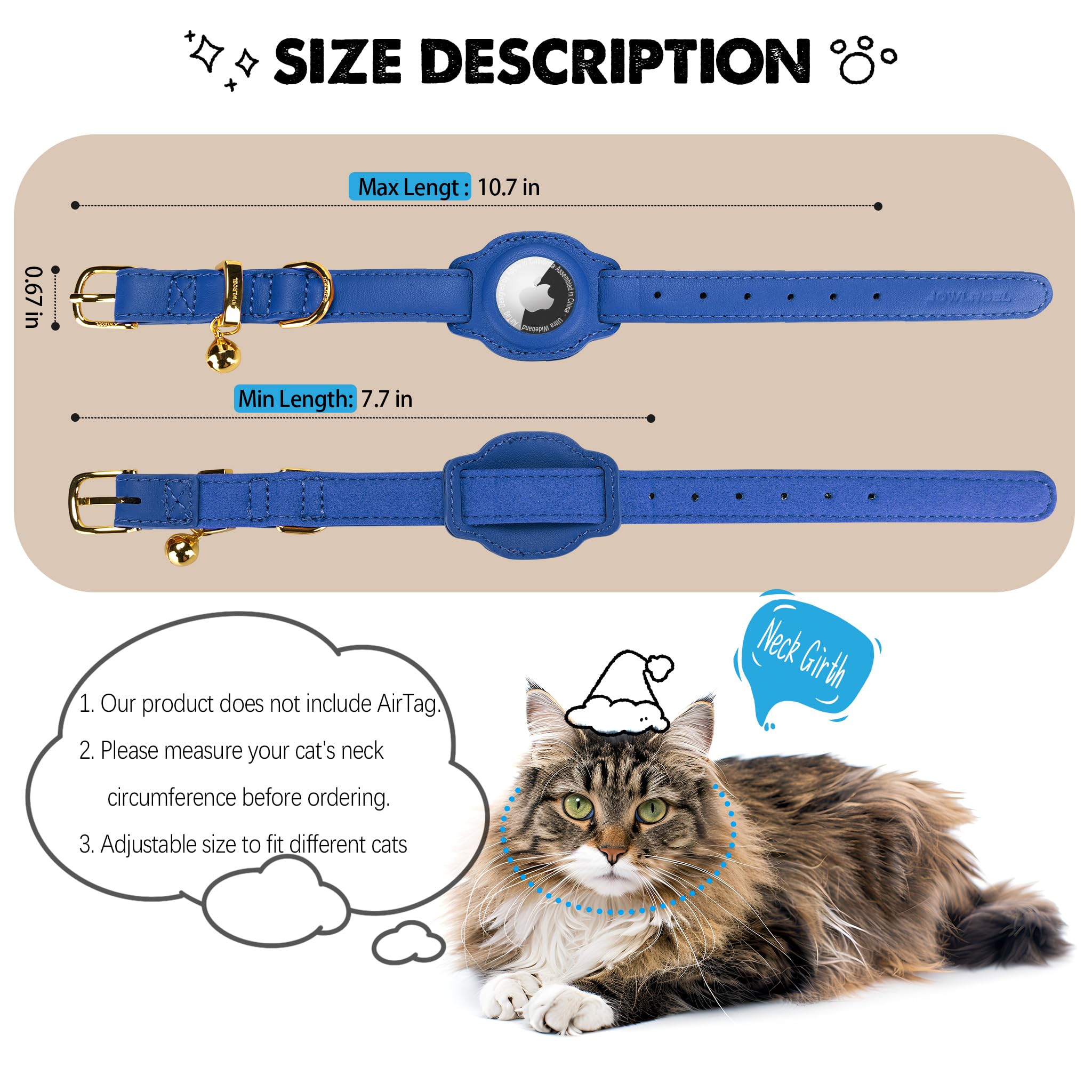 Jowlroel Airtag Cat Collar With Bell & Fabric Liner - Pet Collar Leather Cat Collar - Non Breakaway Leather Kitten Collar With A