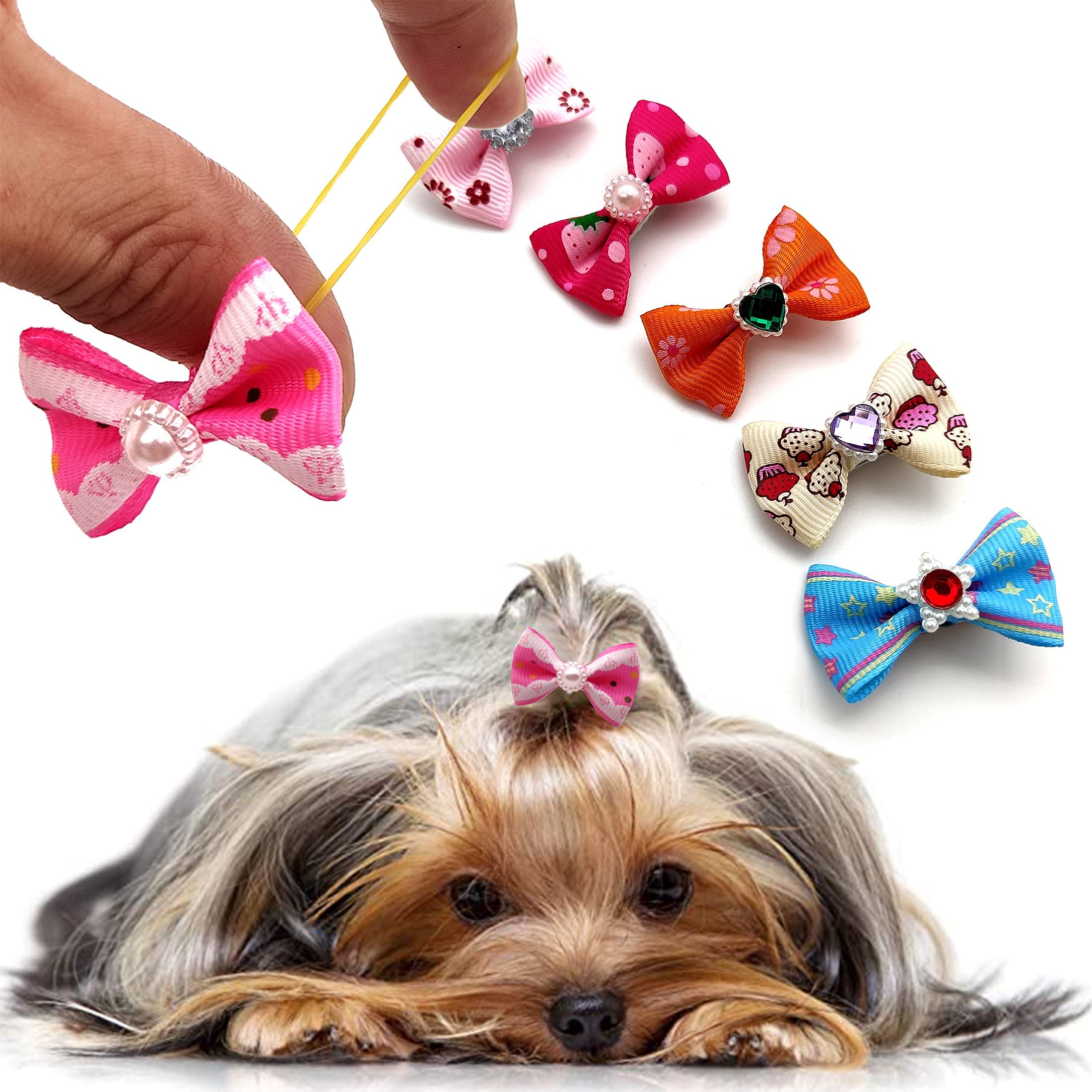 60Pcs Puppy Dogs Hair Barrettes Bows With Rubber Bands,Rhinestone Tiny Christmas Bowknot Hair Bows Hair Topknot Hair Clips For Cat Puppy Party Birthday,Handmade Hair Accessories Pet Grooming
