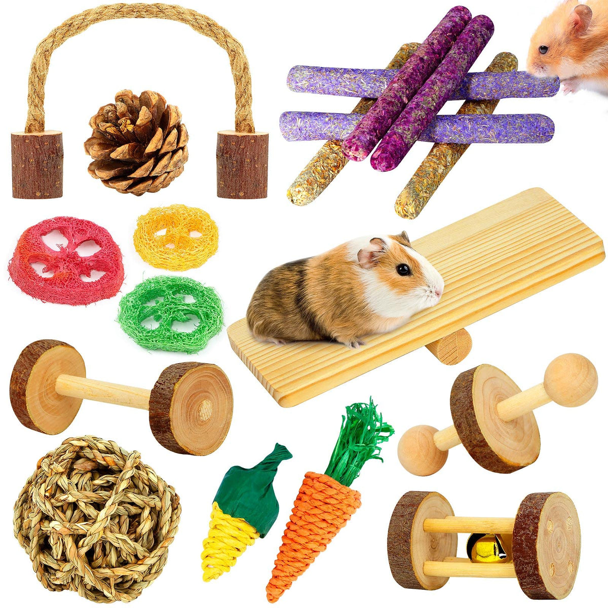 Overtang Hamster Toys, Guinea Pig Toys, 18 Pcs Wooden Hamster Toy Set Natural Apple Wood Small Animal Chew Molar Toys For Teeth For Rabbit, Chinchilla, Gerbils, Rats Exercise Accessories