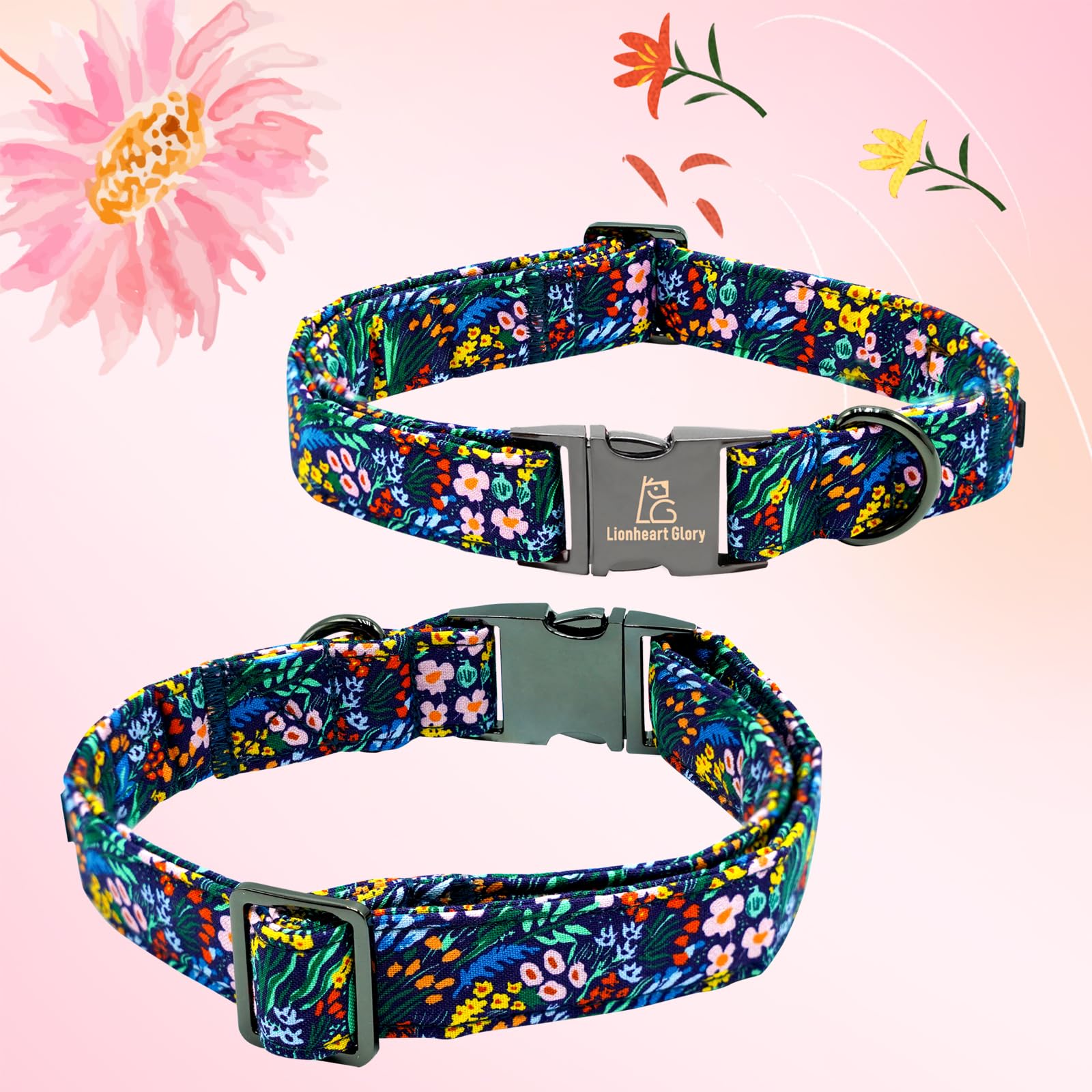 Lionheart glory Dog Collar Darkblue Flower Dog Bow Collars Floral Dog Collar with Flowers Male or Female Spring Fall Pet Gift Du