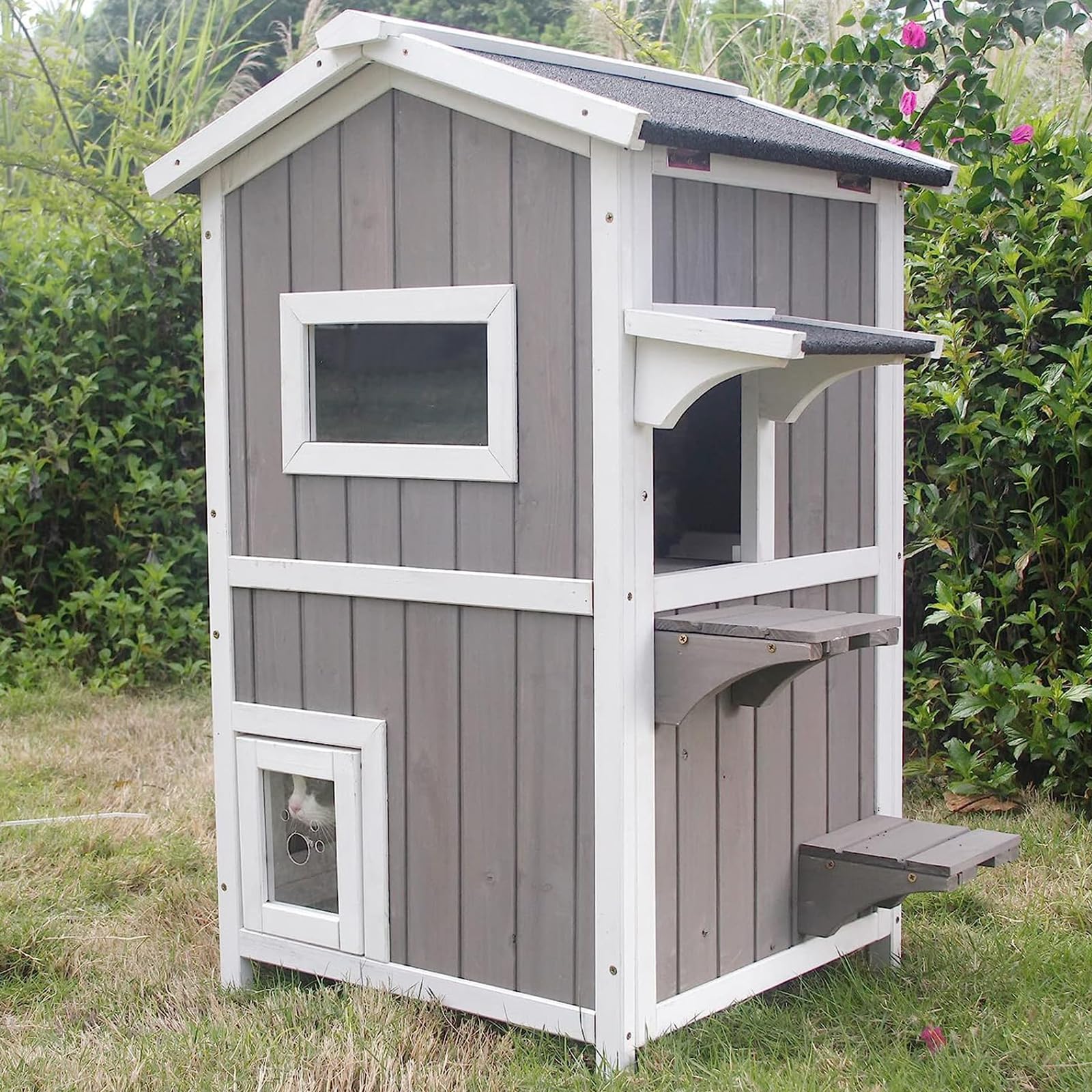 Petscosset Outdoor Cat Shelter Weatherproof, Two Story Wooden Outside Feral Cat House With Openable Roof, Escape Door