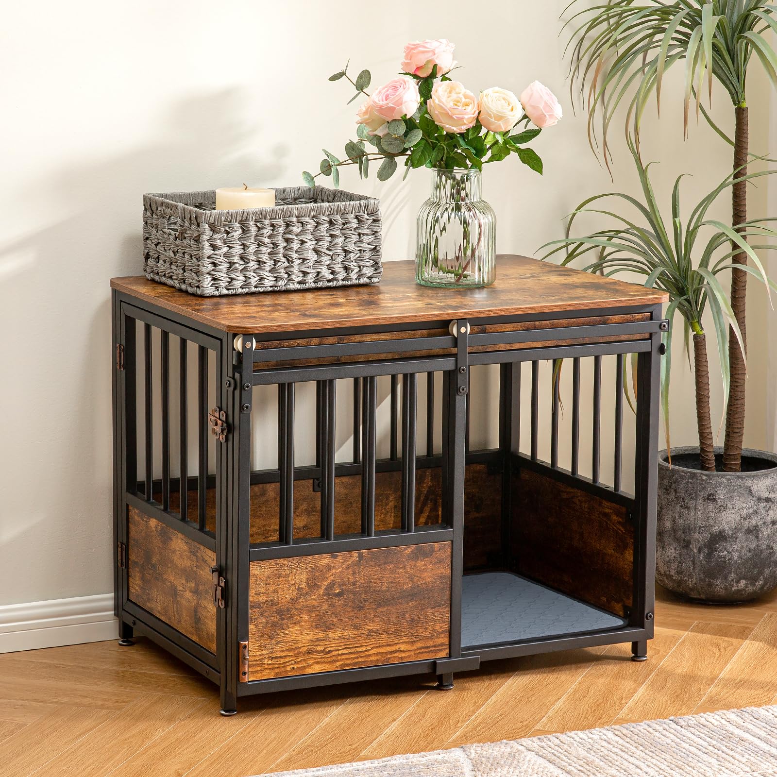 Koopro 32 Inch Dog Crate Furniture With Cushion For Large Medium Dogs, Wooden Heavy Duty Dog Kennel With Double Doors, Decorativ
