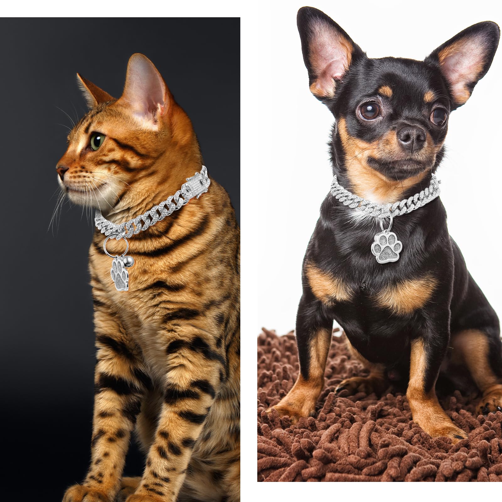 Hillban Cat Collar Diamond Chain Glitter Collar Walking Metal With Secure Buckle Cat Pet Necklace With Paw Charm And Id Tag Bell