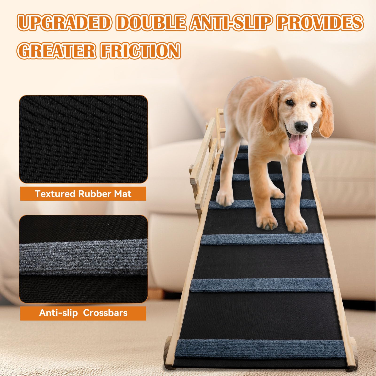Wooden Dog Ramp For Bed - 5 Level Adjustable Wooden Ramp For Dog Extra Wide Doulbe Anti-Slip Pet Ramp With Rails
