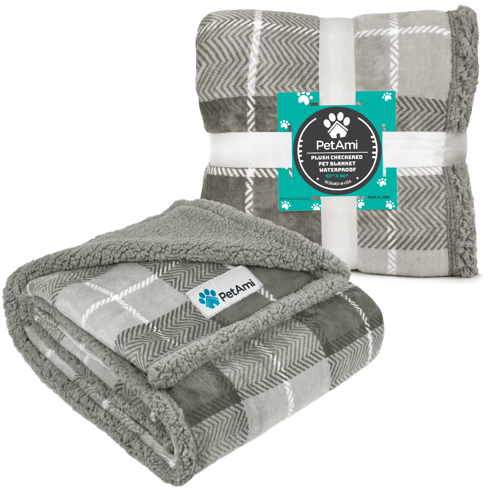 Petami Dog Blanket For Medium Large Dogs, Pet Bed Blanket Cat Puppy Kitten, Fleece Furniture Couch Cover Protector Sofa Car, Soft Sherpa Dog Throw Plush Reversible Washable, 40X60 Plaid Light Gray
