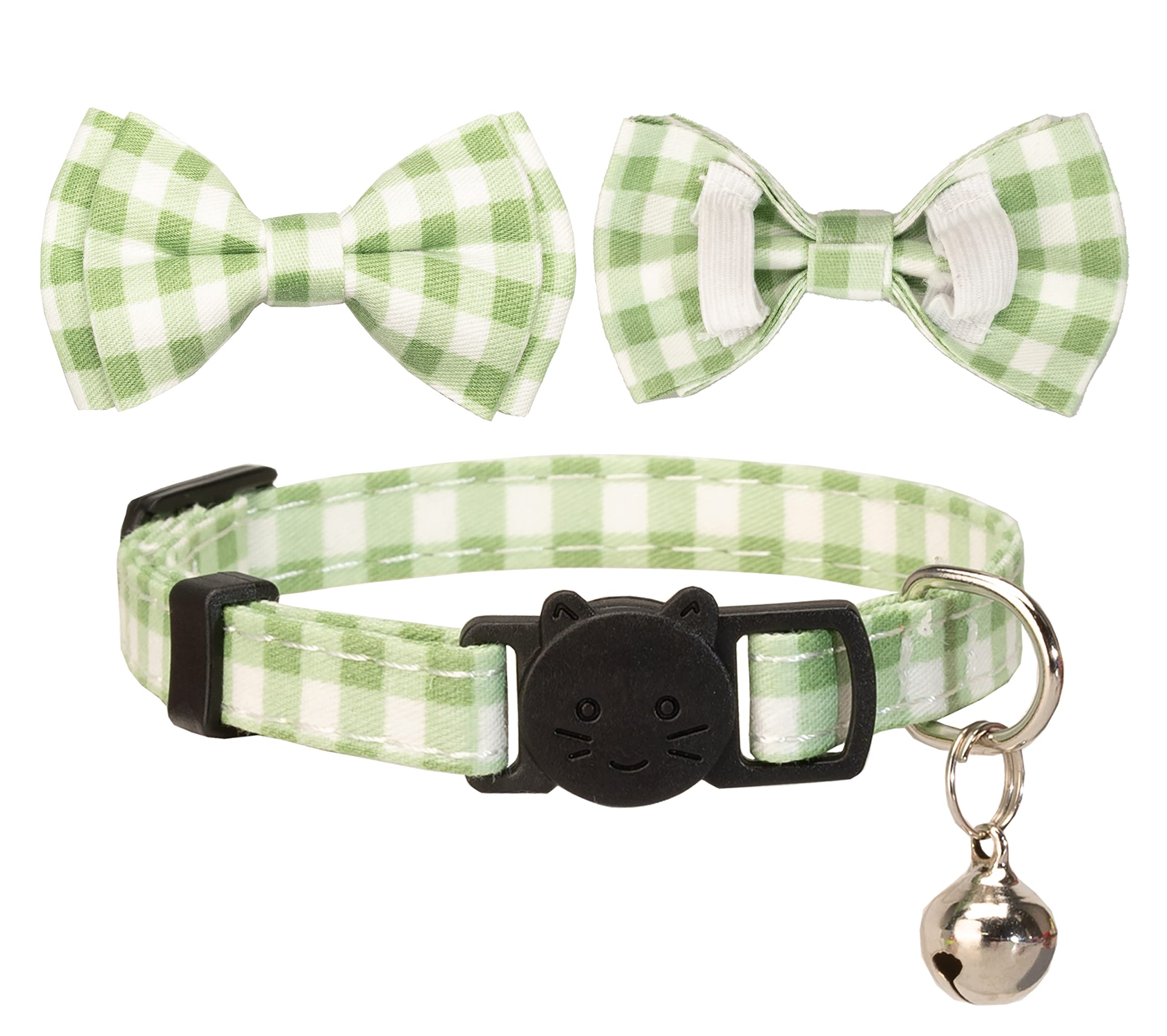 Gyapet Cat Collar Breakaway Bowtie Safety With Bell Adjustbale Kitten Puppy Solid Plaid Color Set J-[2Pcs] Green