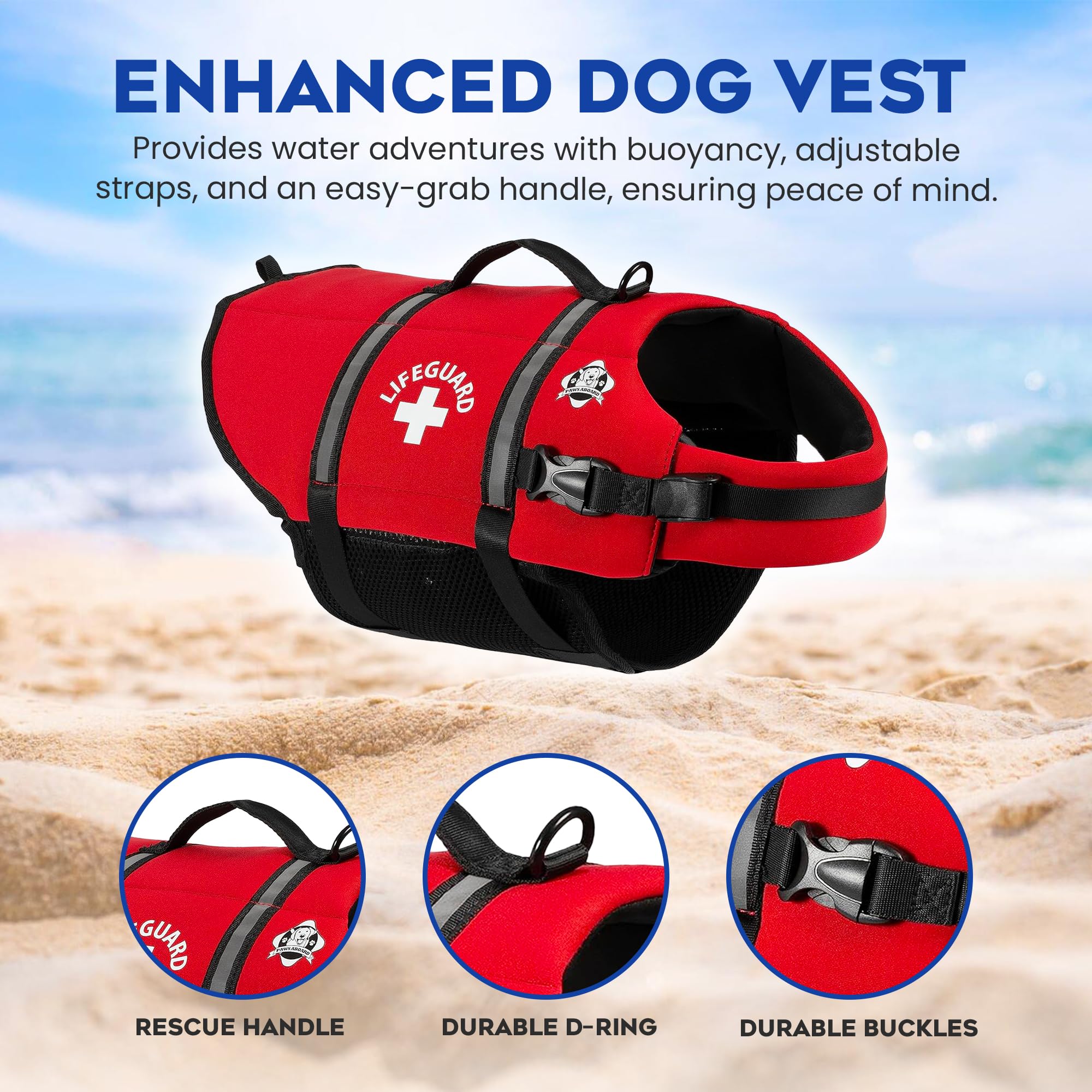 Paws Aboard Dog Life Jacket - Keep Your Canine Safe with a Neoprene Life Vest for Swimming and Boating - Available in Different Sizes, Color and Design to Choose - Red, Medium
