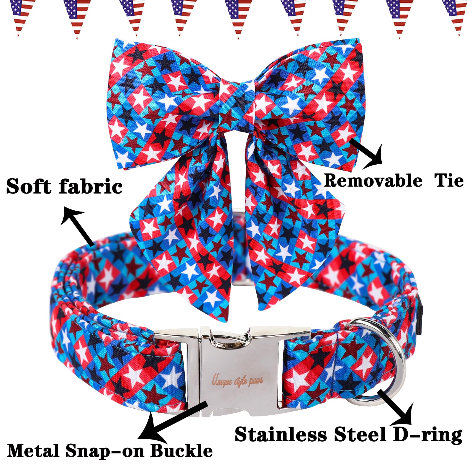 Unique Style Paws 4Th Of July Dog Collar With Bowtie, American Flag Dog Collars With Bow Adjustable Patriotic Puppy Collar For S