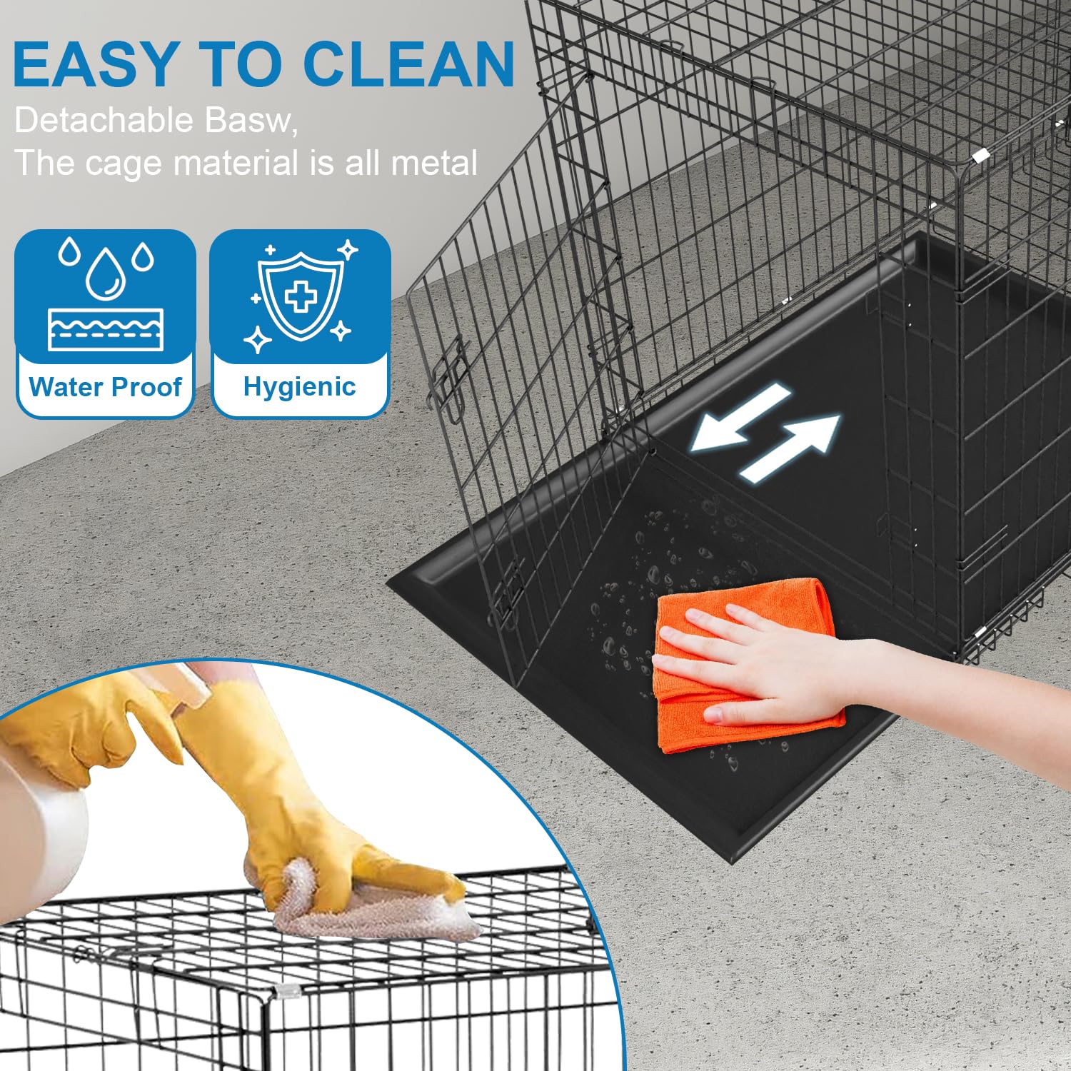 42 Inch Large Dog Crate Dog Kennel Pet Cage Metal Wire Crates Pet Cages Double-Door Folding Kennels With Handle Leak-Proof Pan T