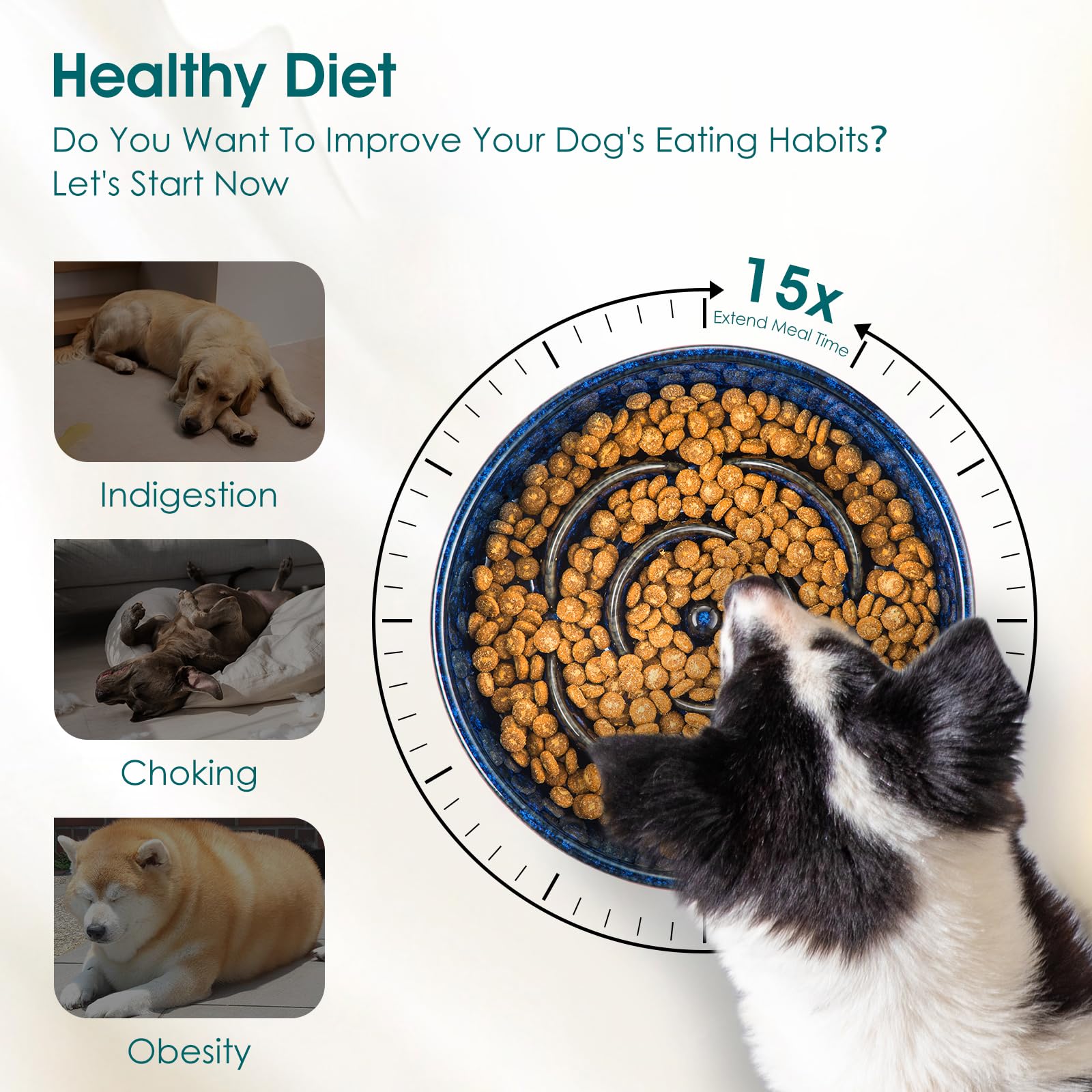 vancasso Slow Feeder Dog Bowl, 3 Cups Ceramic Slow Feeder for Large Breed, Puzzle Maze Dog Food Bowl for Fast Eater, Blue