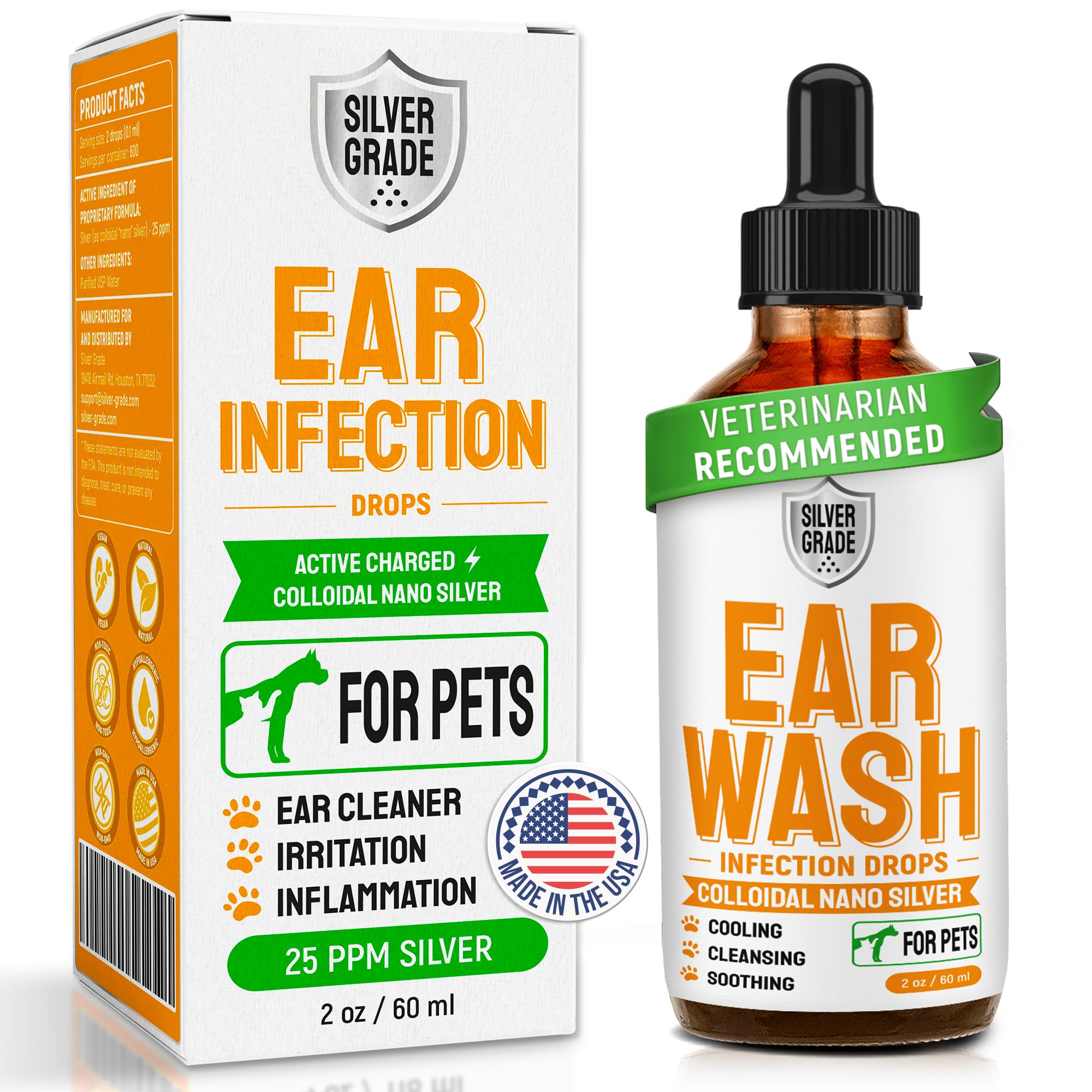Dog Ear Infection Treatment + Silver - Cat and Dog Ear Cleaner - Drops for Irritations, Itch, Odors, and Otic Infection - for Pe