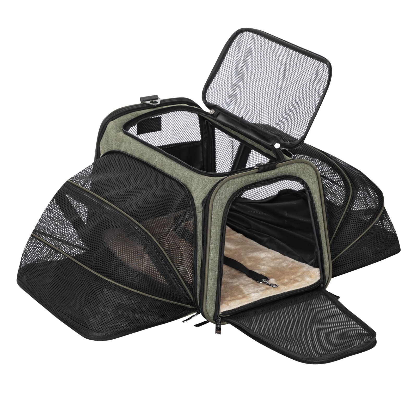 Petsfit 16 Expandable Rabbit Carrier - Airline Approved, Green, Soft Washable Cushion, Self-Locking Zipper, Built-in Safety Rope, Travel Friendly