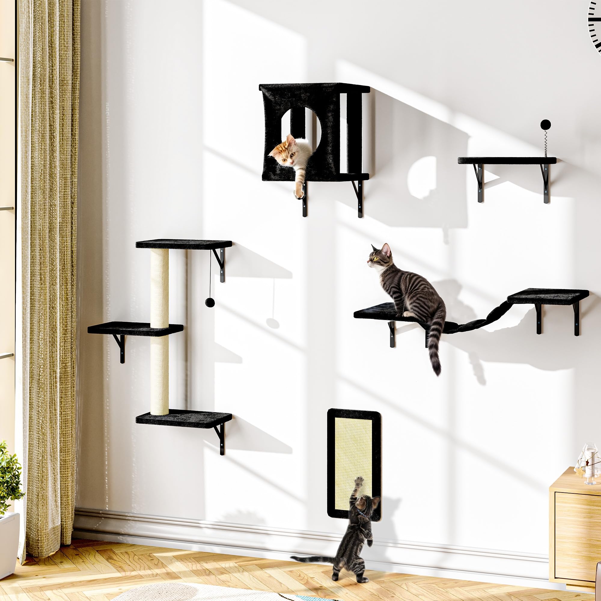 Nunu Lab Cat Wall Shelves Set, 5 Pcs Wall-Mounted Cat Climber With Cat House, Bridge, Scratching Post, Hammock, Wall Shelves, Bl