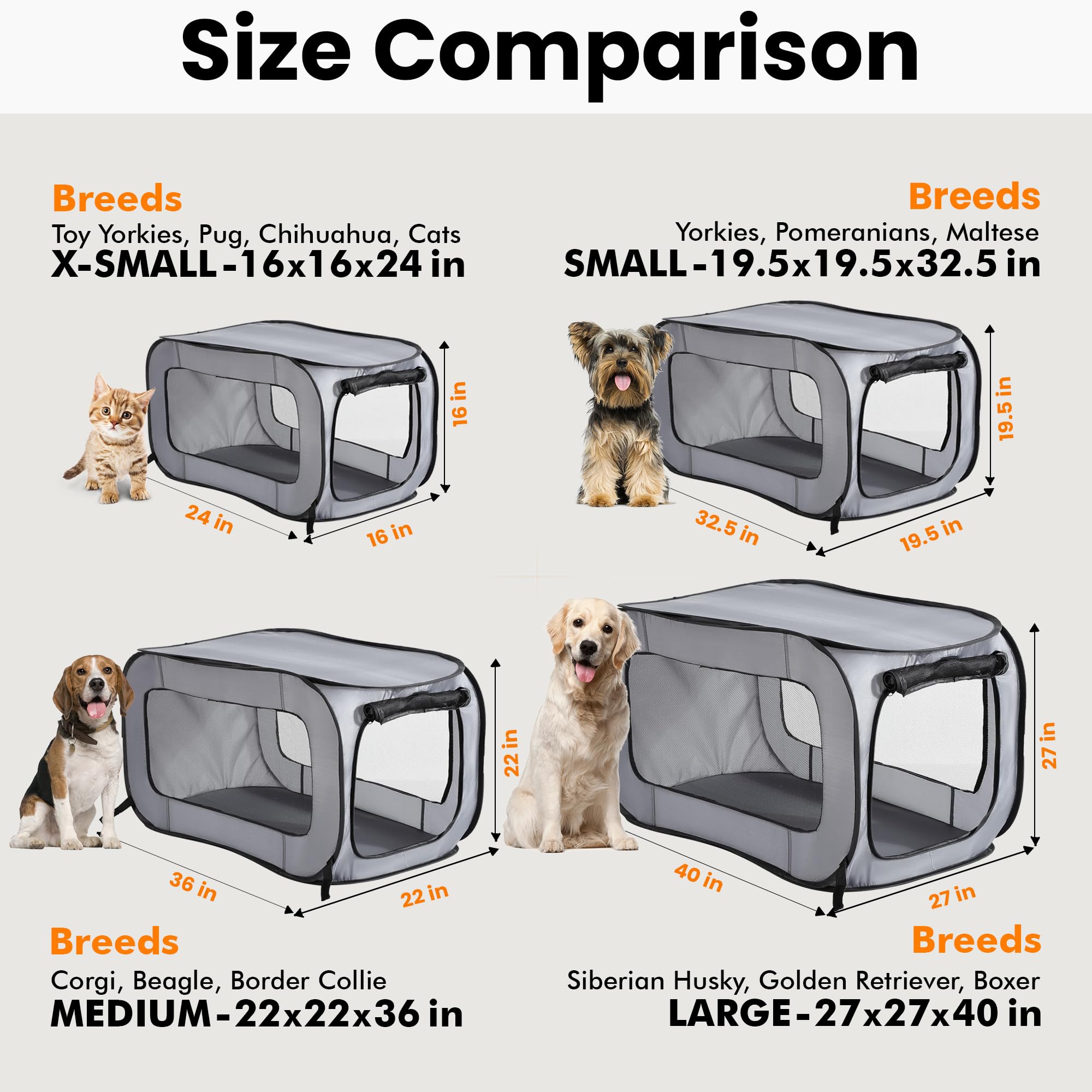 Beatrice Home Fashions Portable, Collapsible, Pop Up Kennel Travel Cat And Dog Crate, 32.5'' L X 19.5'' W X 19.5'' H, Gray