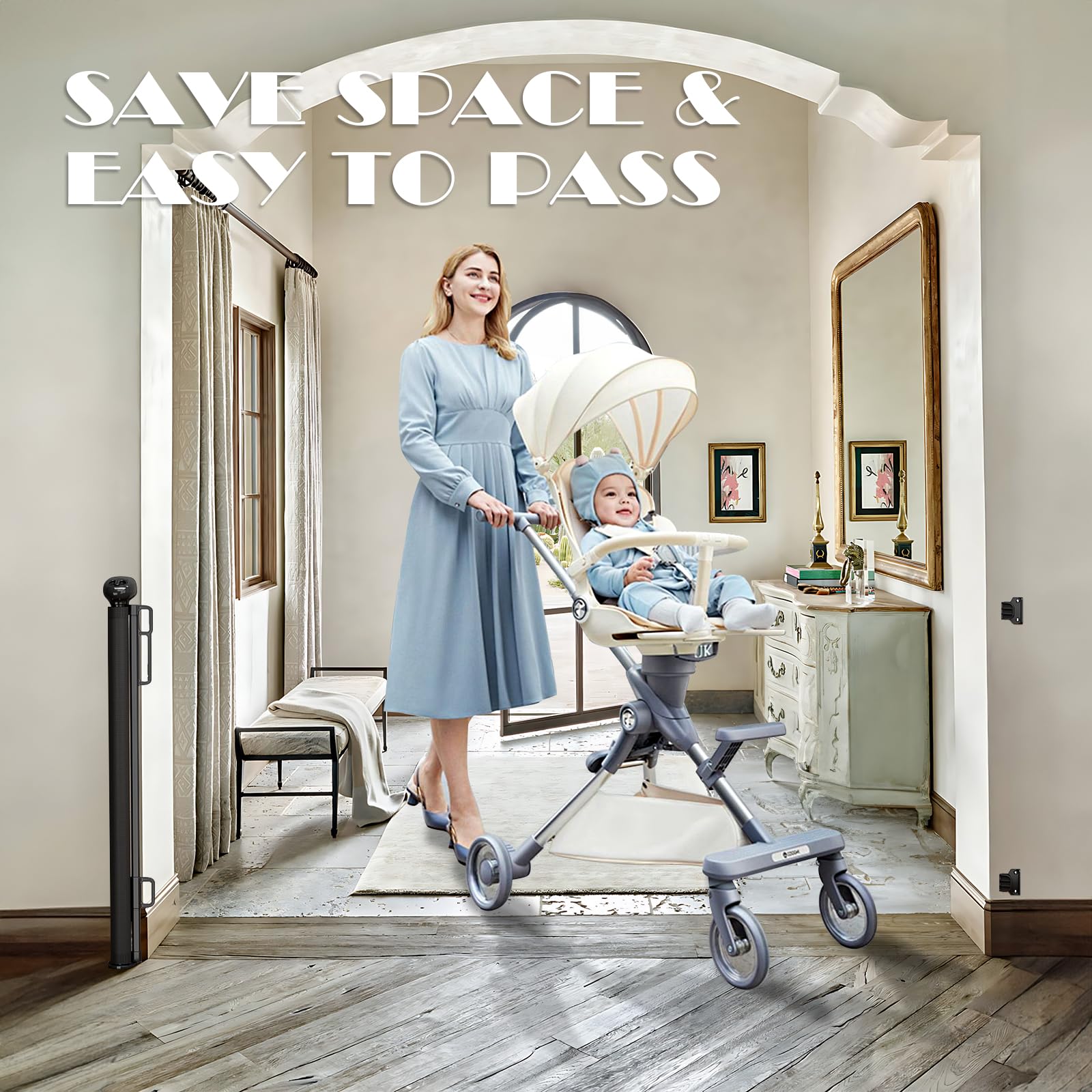 Babepai Retractable Baby Gates Extra Wide | 110' Wide X 34' Tall Dog Gates For Stairs | Indoor/Outdoor Use | Child Gates For Doorways, Deck, Porch, Hallways, Patio - Black