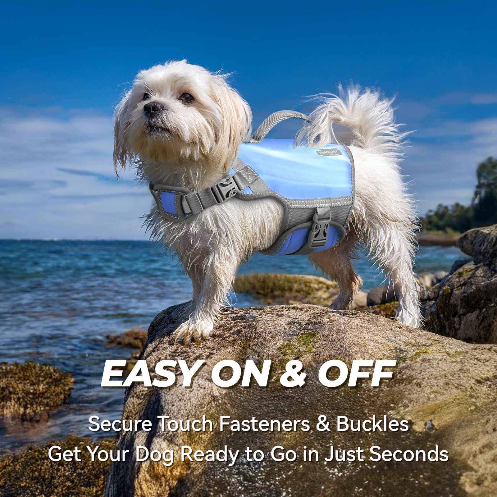 Vivaglory Neoprene Dog Life Jacket Puppy Life Jacket For Boating Hunting & Swimming, Lightweight With Leash Ring, Xs, Blue Wave