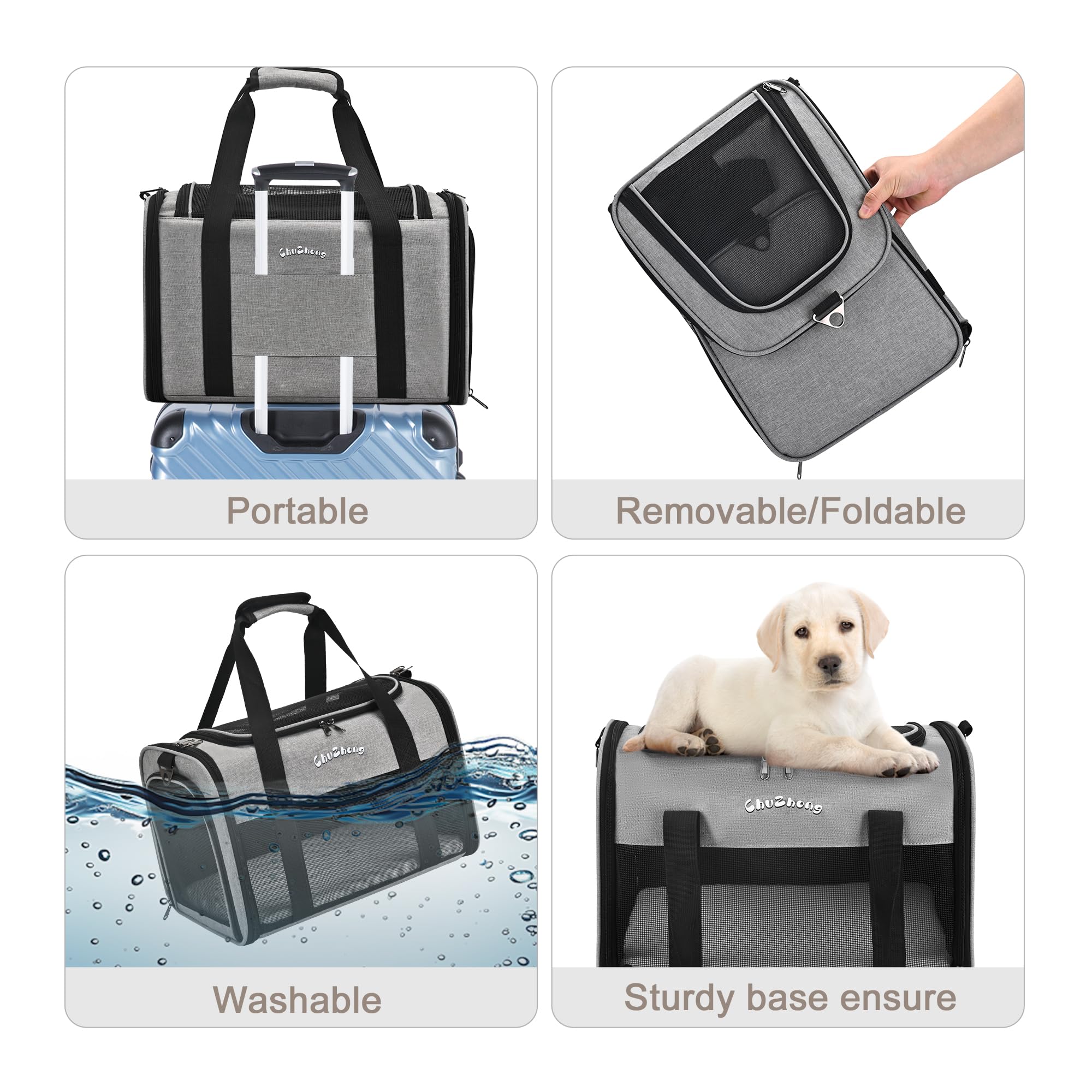 Chuzhong Cat Dog Carrier For Small Medium Cats Puppies Up To 18 Lbs(Grey),Soft Sided Cat Bag Airline Approved,Collapsible Pet Tr