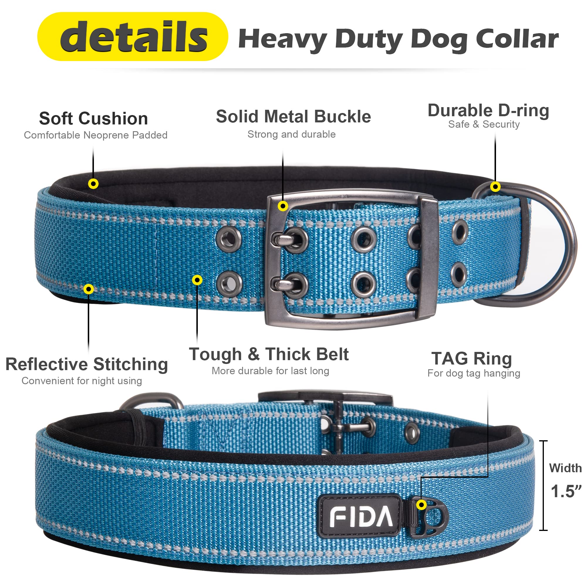 Fida Heavy Duty Dog Collar 1.5    Width, Ultra Soft Neoprene Padded, Adjustable Reflective Nylon Pet Collar With Two Metal Pin B