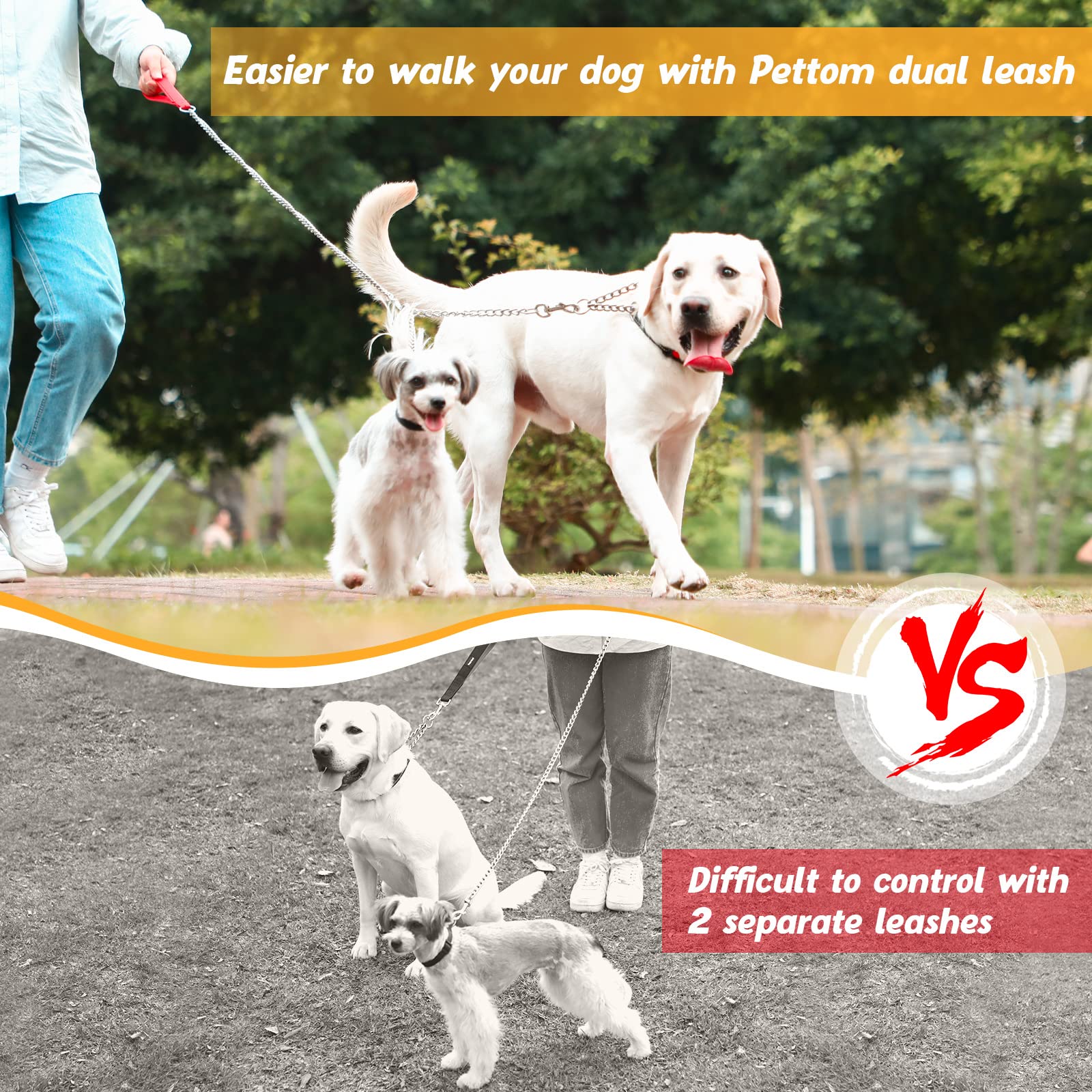 Pettom Heavy Duty 2 Way Dog Lead Metal Chain Double Pet Clip Leash Coupler (M 3.5Mm*60Cm Double Leash, Silver)
