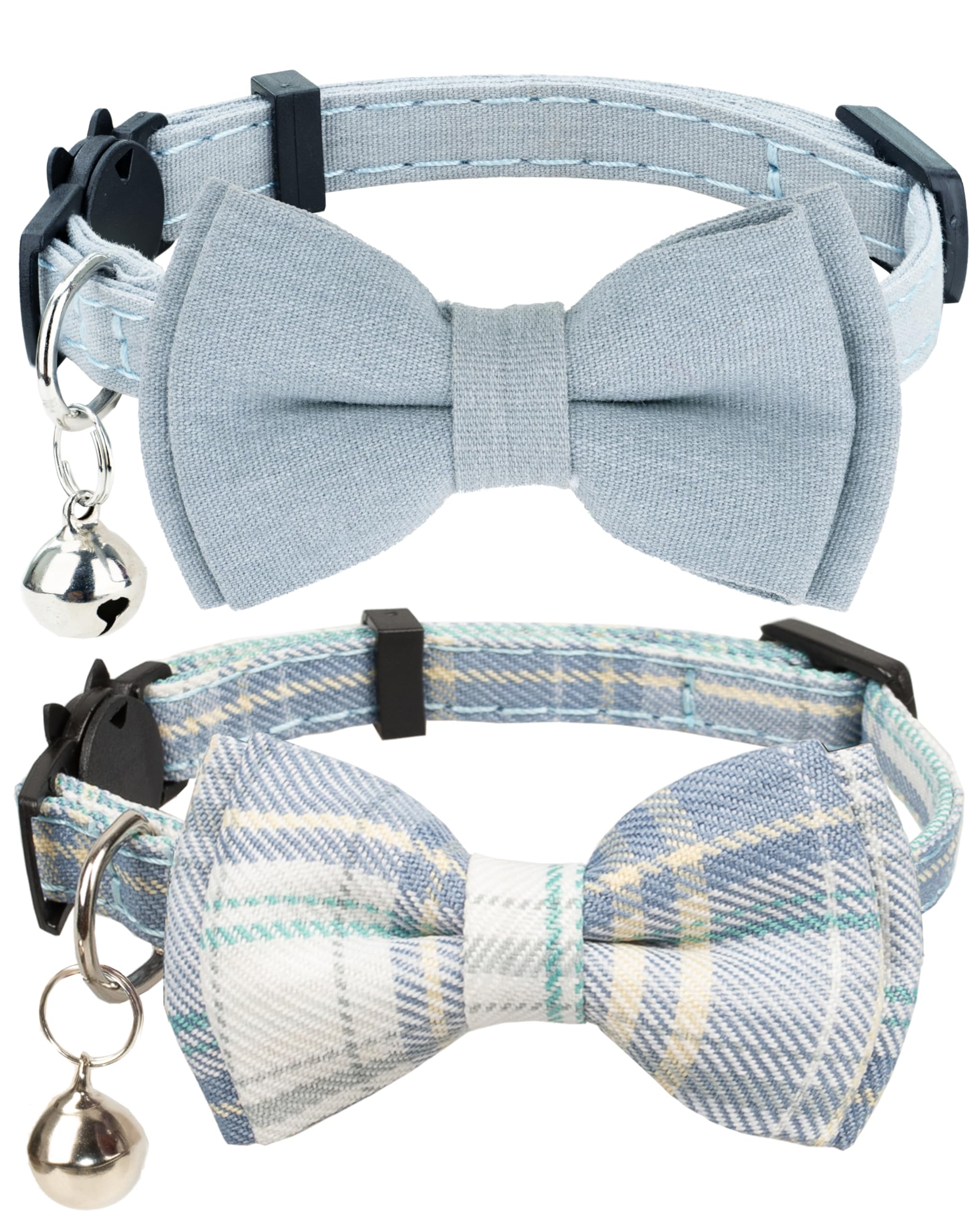 Gyapet Cat Collar Breakaway Bowtie Safety With Bell Adjustbale Kitten Puppy Solid Plaid Color Set D-[2Pcs] Blue Grey
