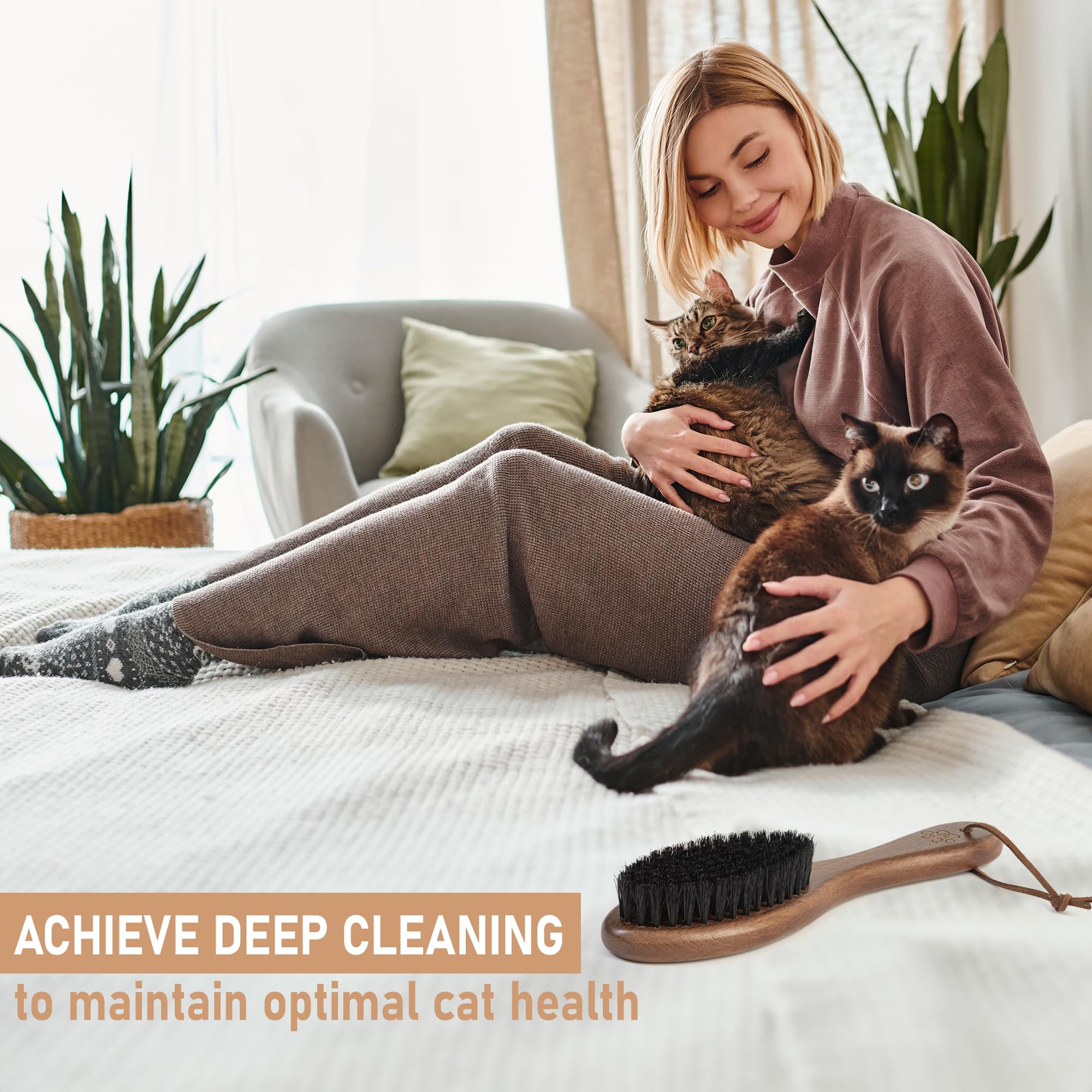Takavu Boar Bristle Cat Hair Brush, Gentle Grooming Brush With Natural Bristles And Wooden Handle For Sensitive Skin, Pet Cleani