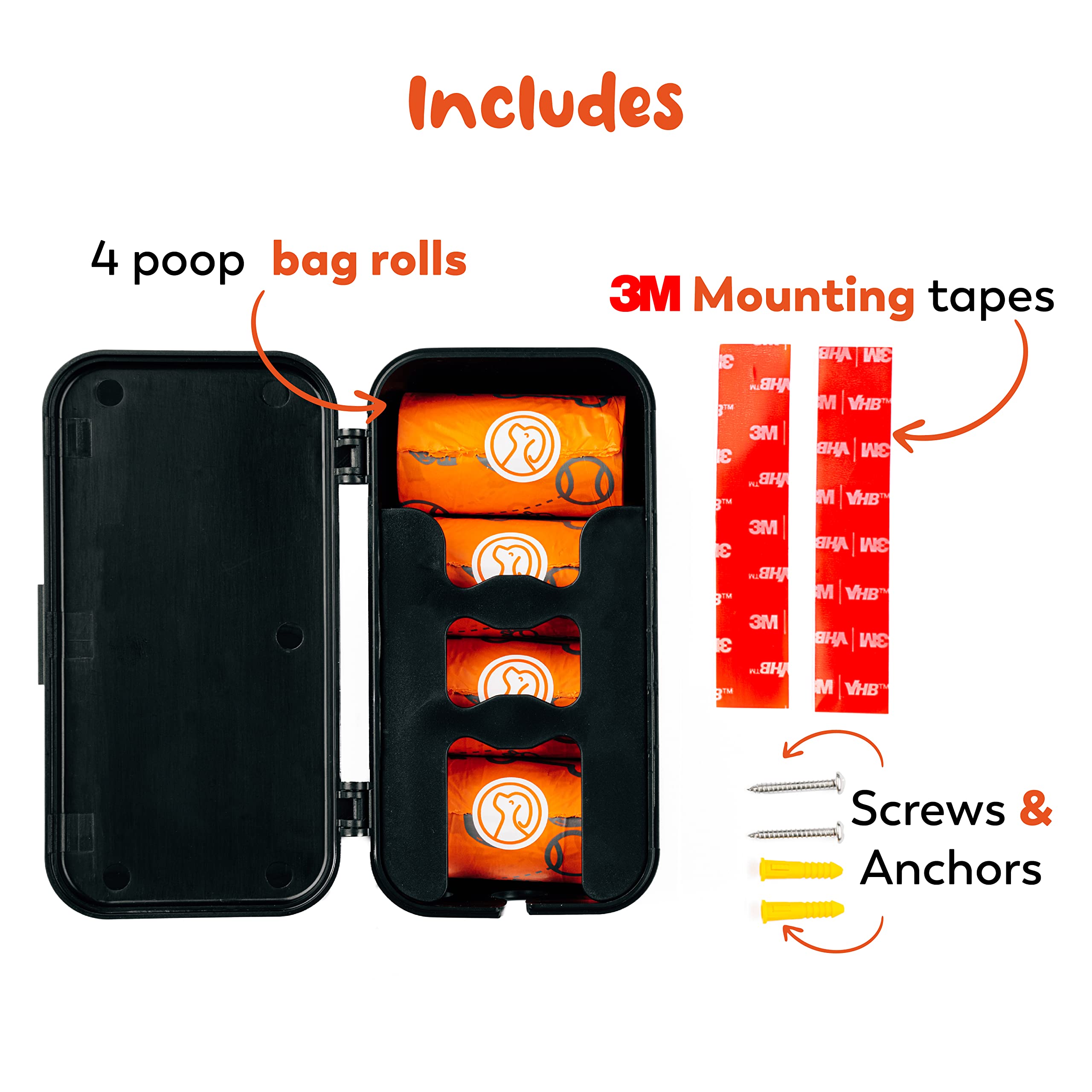 PEXTER Dog Poop Bag Dispenser - Black, 241 Piece Set, Stick-On/Screw-On Mount, Includes 4 Doggie Bag Rolls for Indoor/Outdoor Use