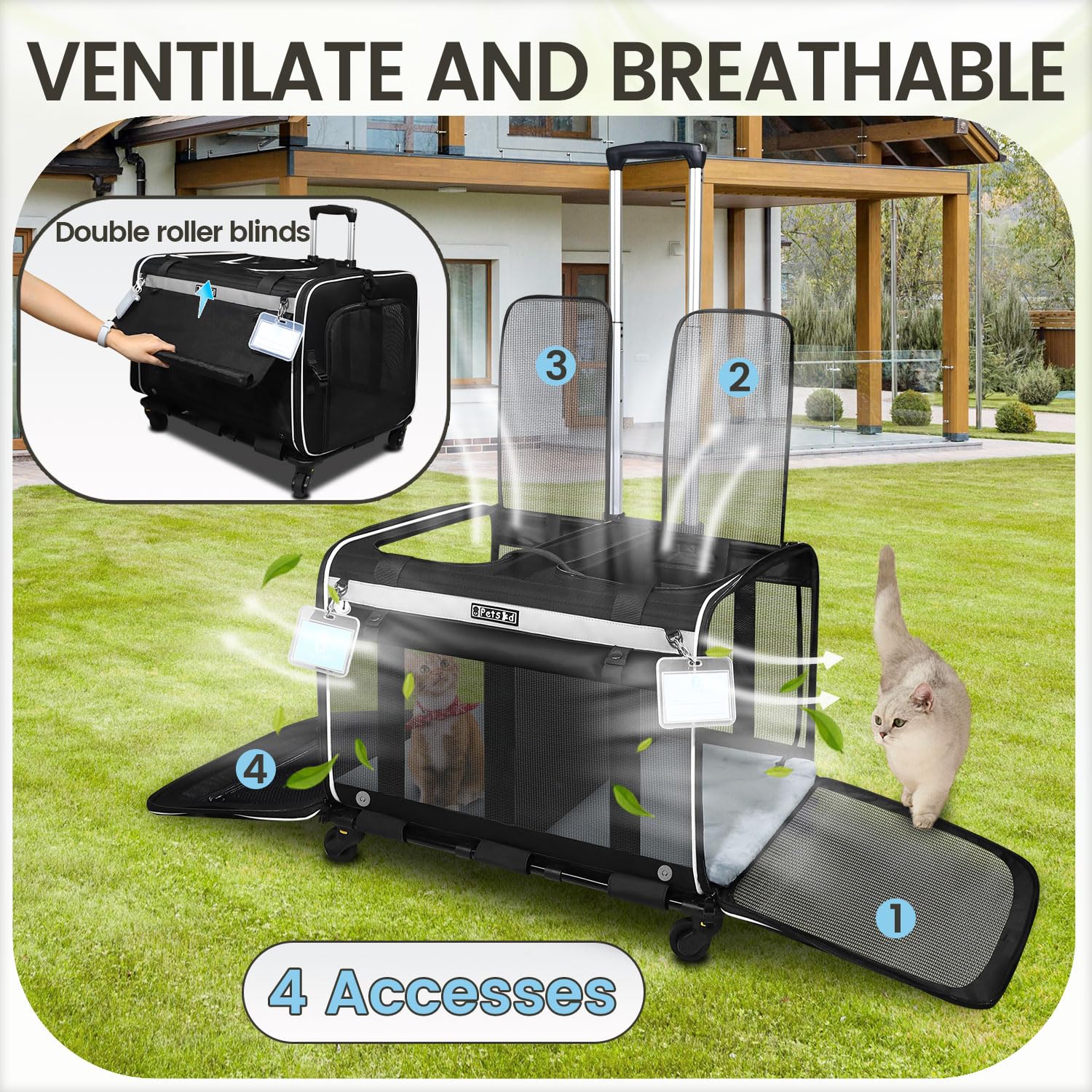 Petskd Large Rolling 2 Compartments Pet Carrier For 2 Cats Or A Medium Dog, 24''X 17''X 15'' Double Cat Carrier With Wheels And