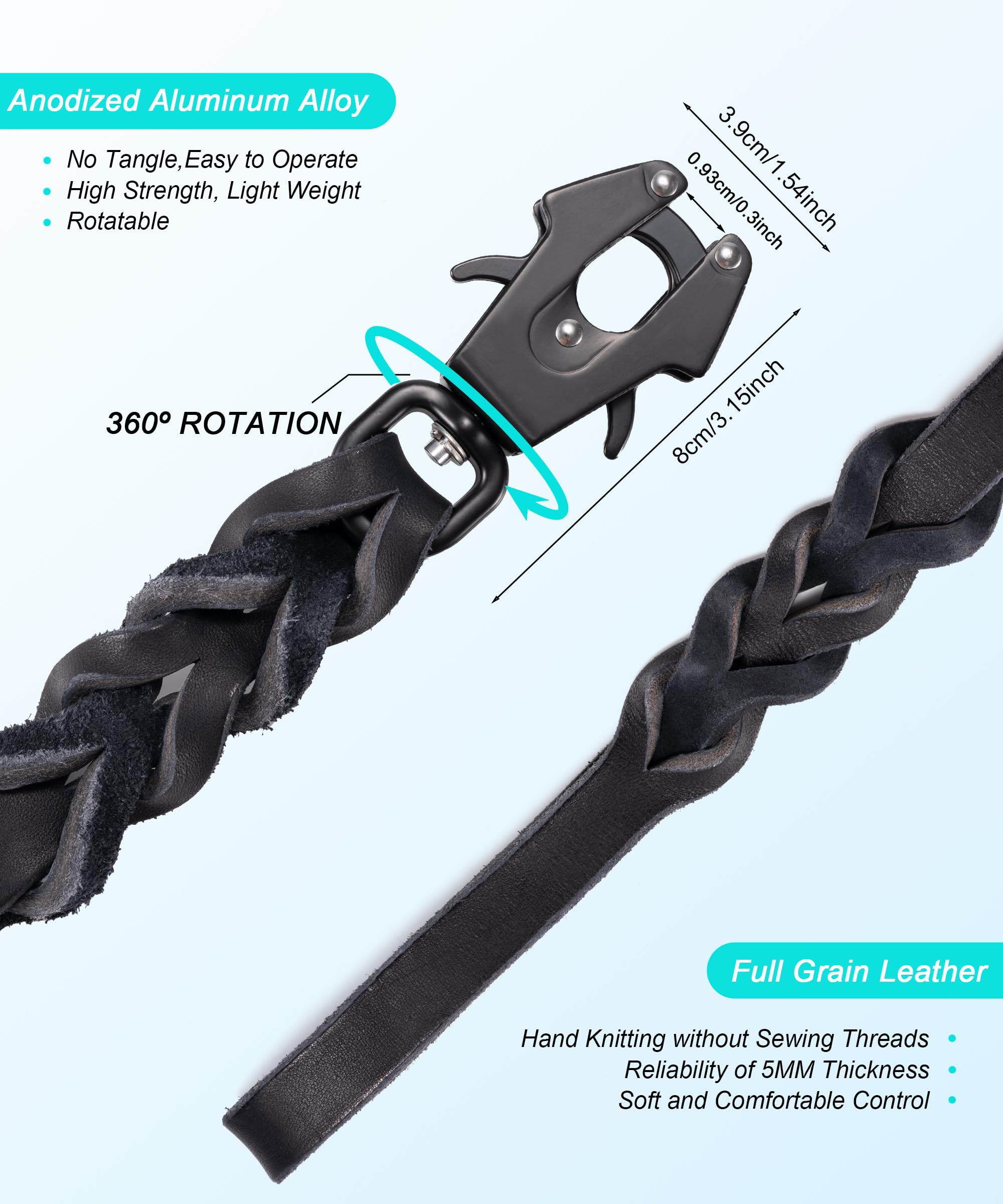 GEIT Leather Dog Leash - Heavy Duty Braided 4FT, Black, with Quick Release Tactical Frog Clip for Medium & Large Dogs, Model GL-519