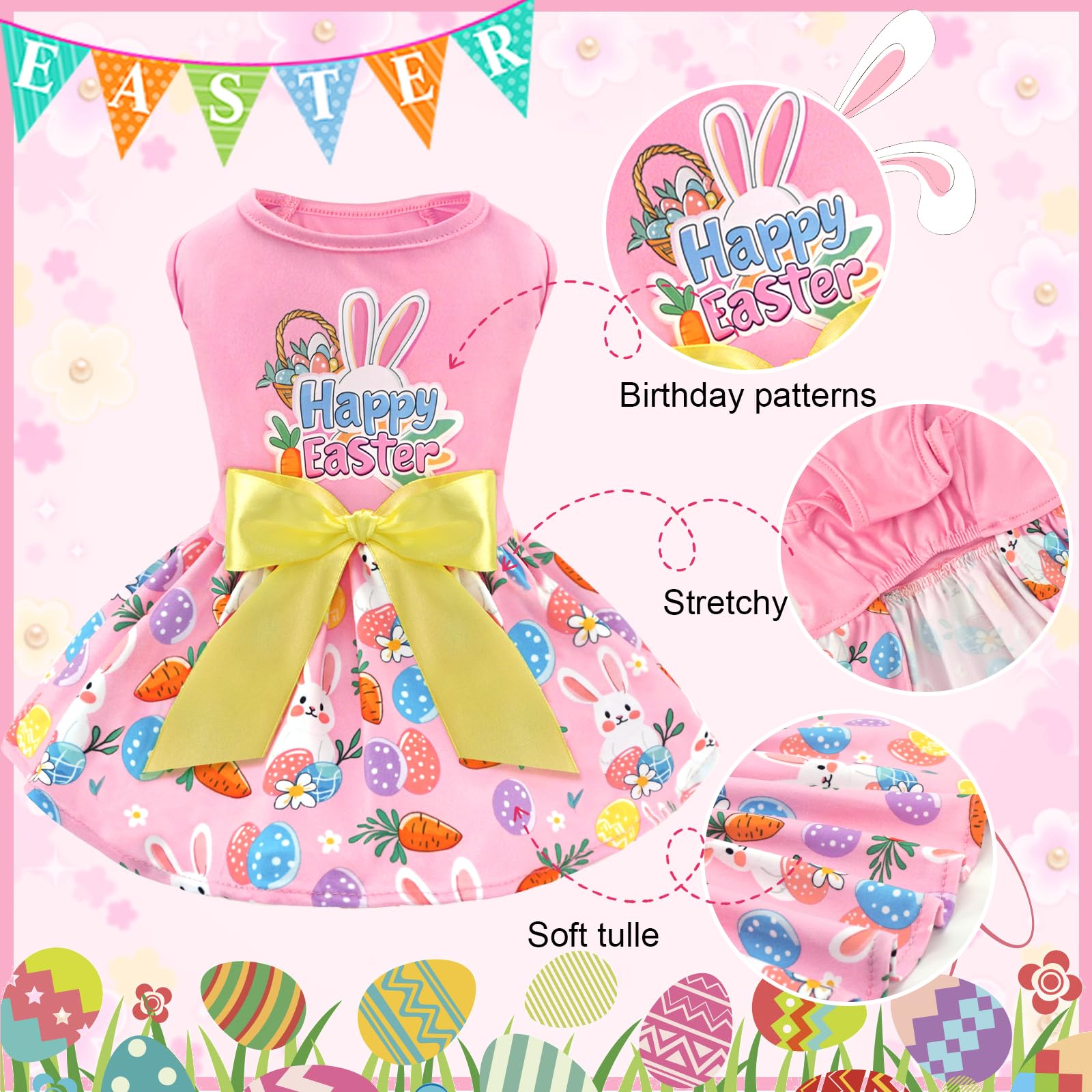 Xpudac Happy Easter Day Dog Dress For Small Dogs Girl Bunny Eggs Tulle Holiday Pet Outfit, Cat Costume -Large