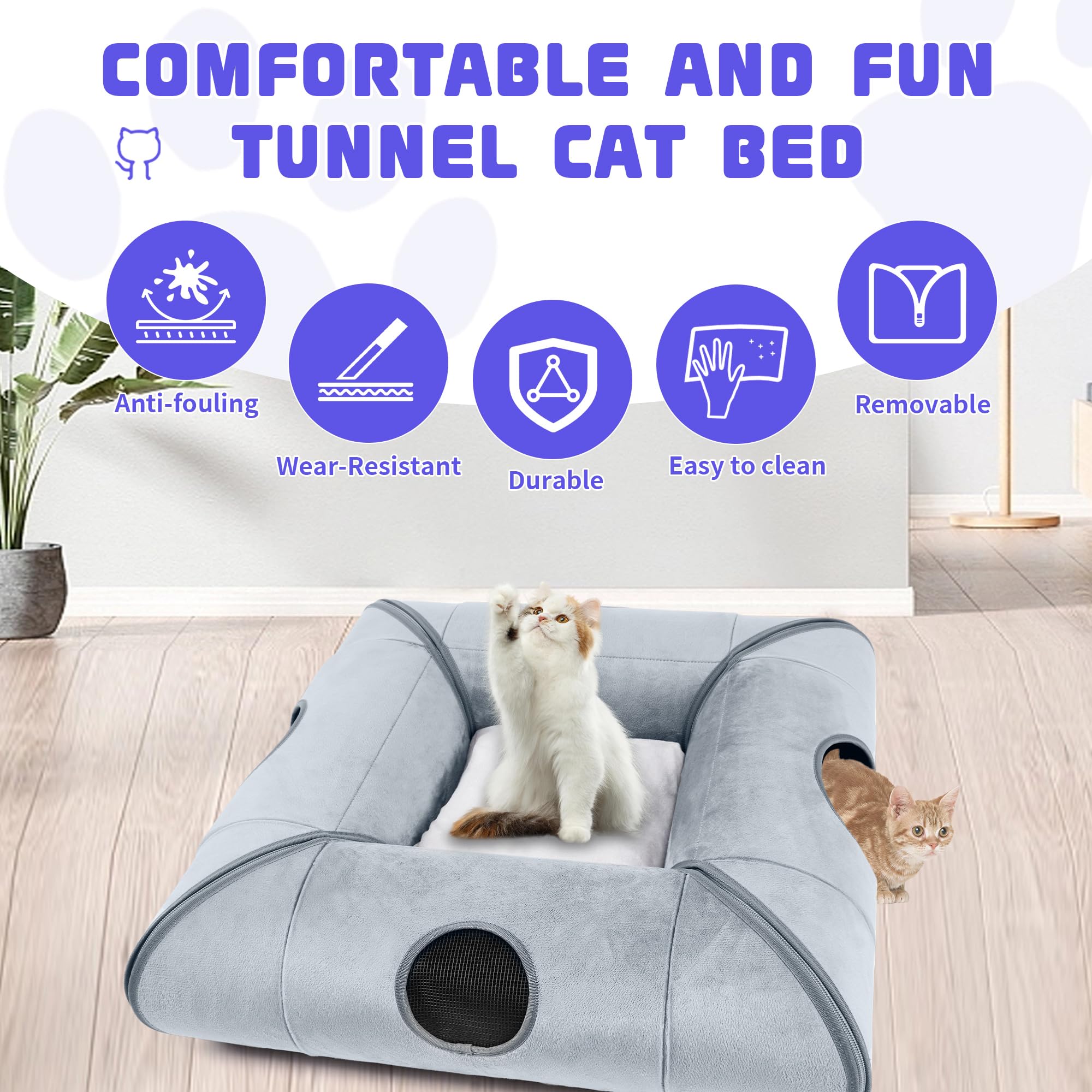 Moysoon Indoor Cat Cave Bed,Sturdy And Scratch Resistant Removable Cat Tunnel Bed With Removable Soft Pad, Suitable For Small Ca
