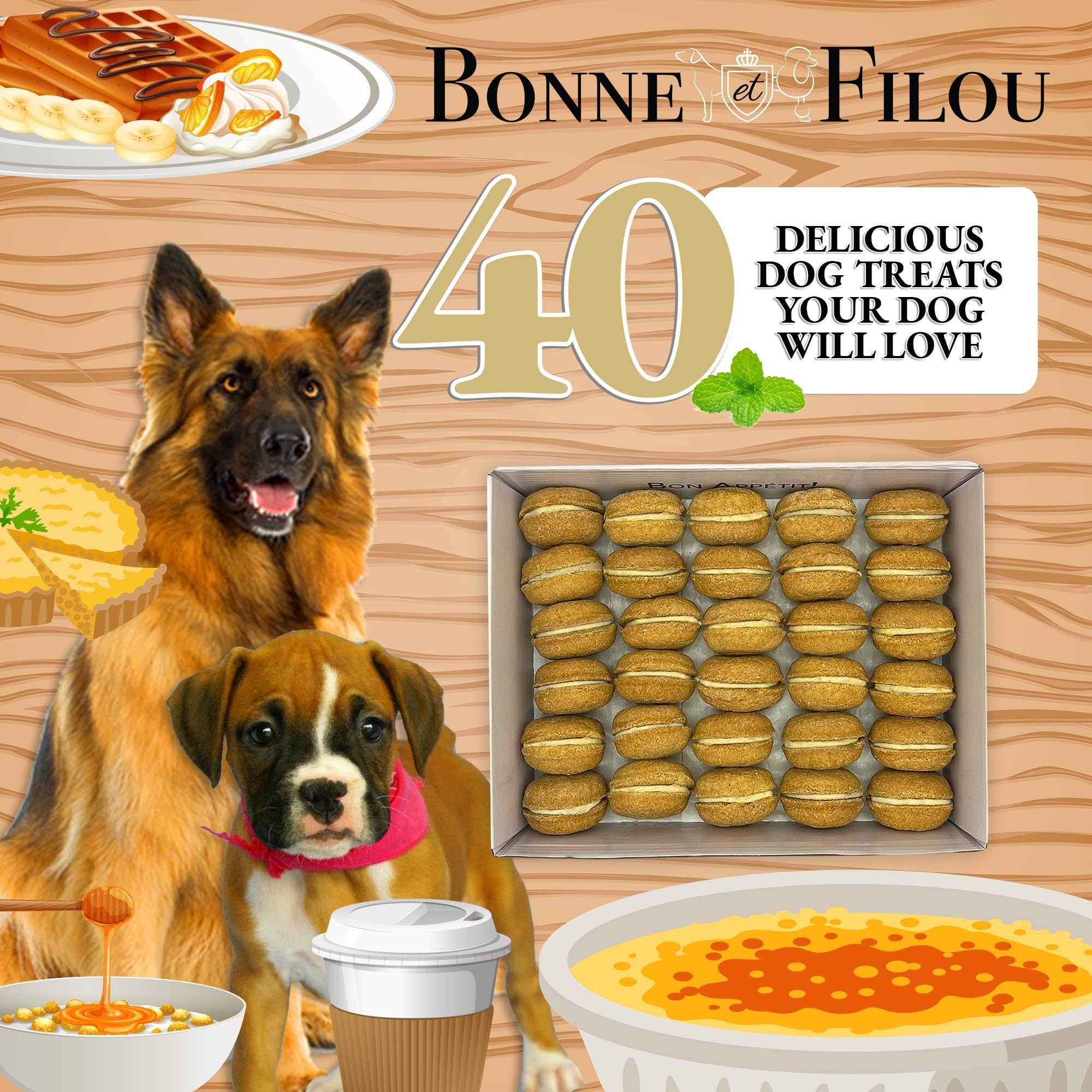 Bonne et Filou Dog Treats Creme Brulee Cupcakes - Gourmet Macaron Cakes, 40 Count Bulk Pack - Healthy & Delicious Human Grade Sn