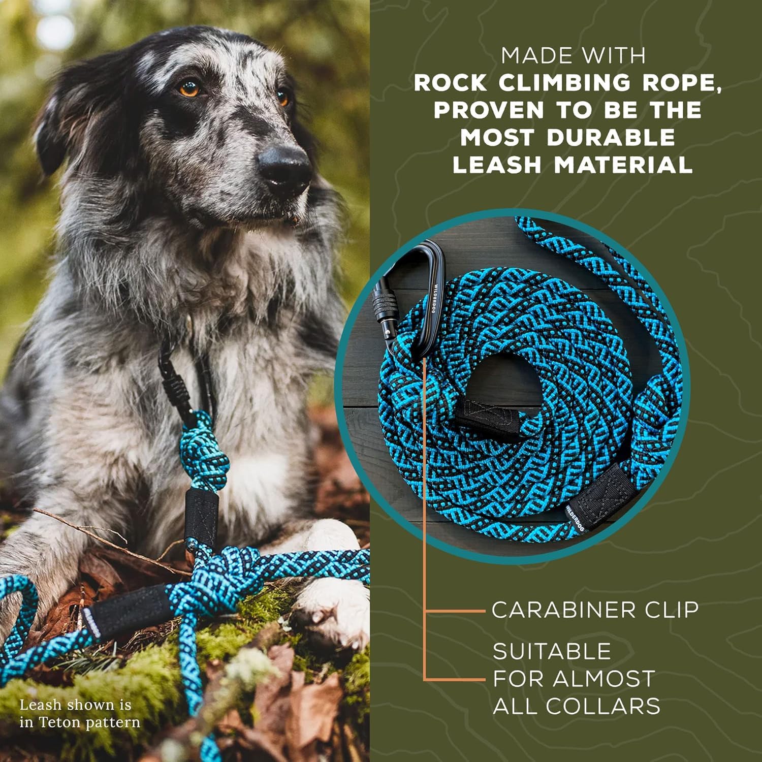Wilderdog Carabiner Climbing Rope Dog Leash For Medium & Large Dogs - 10Ft - Teton
