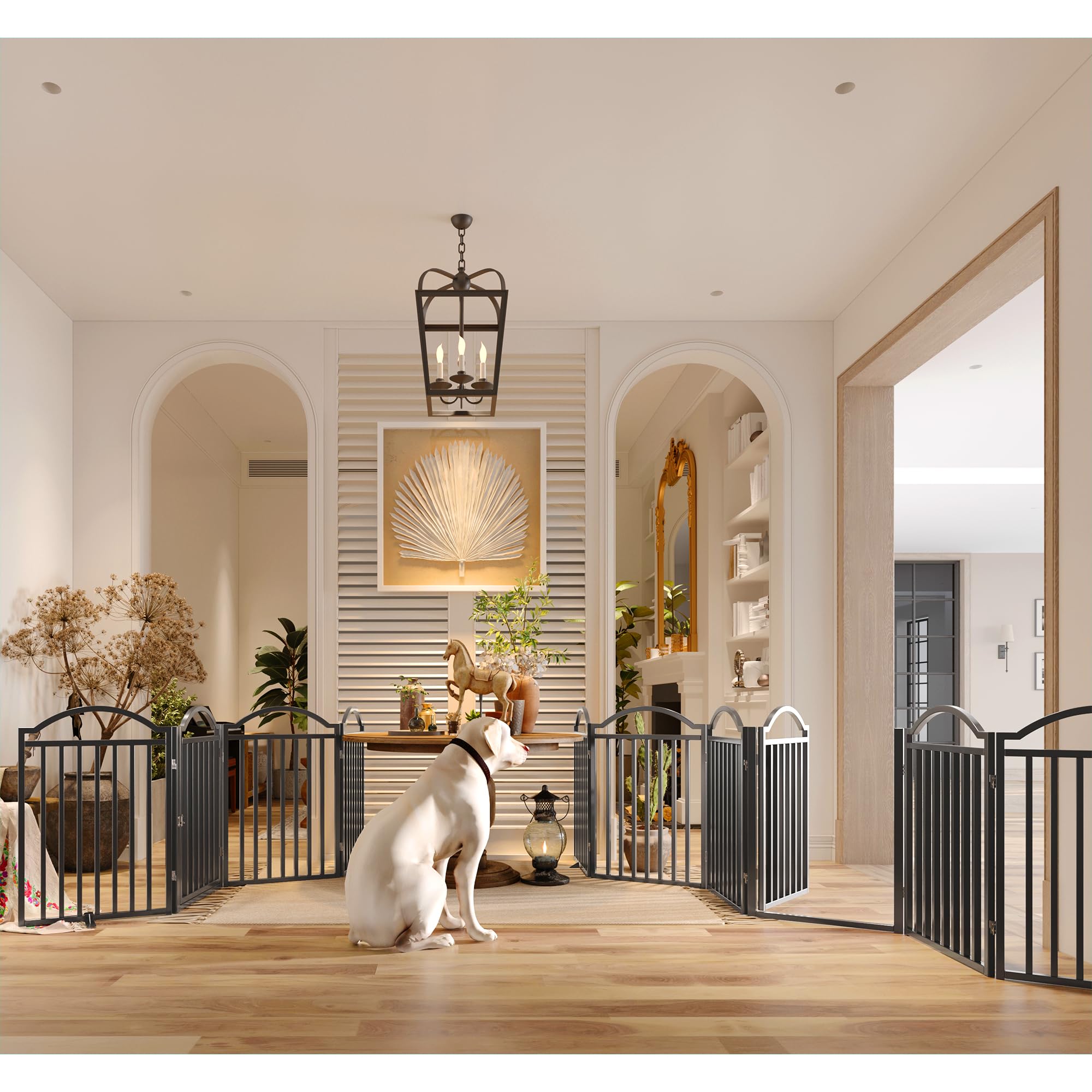Bhg Metal No-Assembly Freestanding Dog Gate With Door Walk Through, Extra Wide 96'', Extra Tall 32'' Pet Gate, Accordion Puppy F
