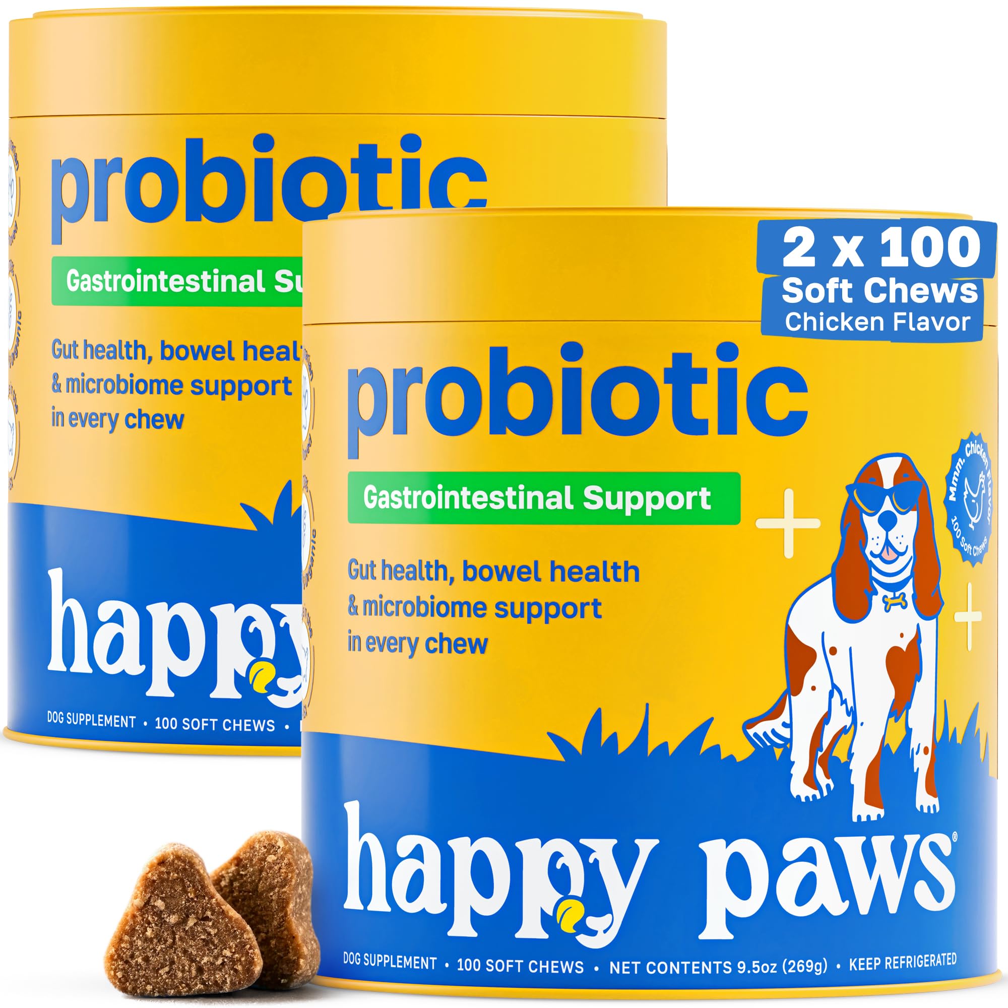 Happy Paws Probiotics for Dogs, Gut Health, Skin, Coat & Immune Support Supplement for All Breeds & Ages, Made with Coconut Oil 