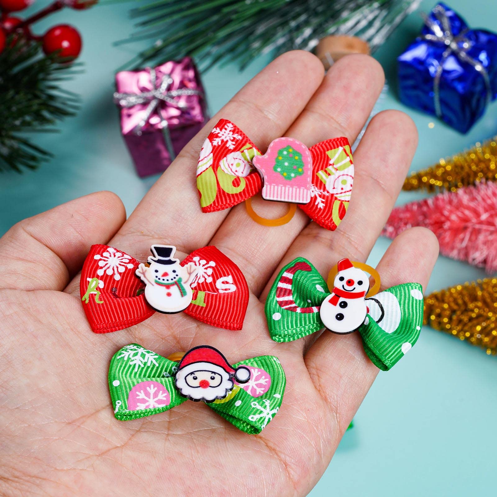 Tongcloud 20Pcs Pets Dog Hair Bows For Christmas With Rubber Bands Dog Bows Bowknot Snowman Christmas Dog Bows Snowman Dog Bows(Red And Green, Christmas Style)