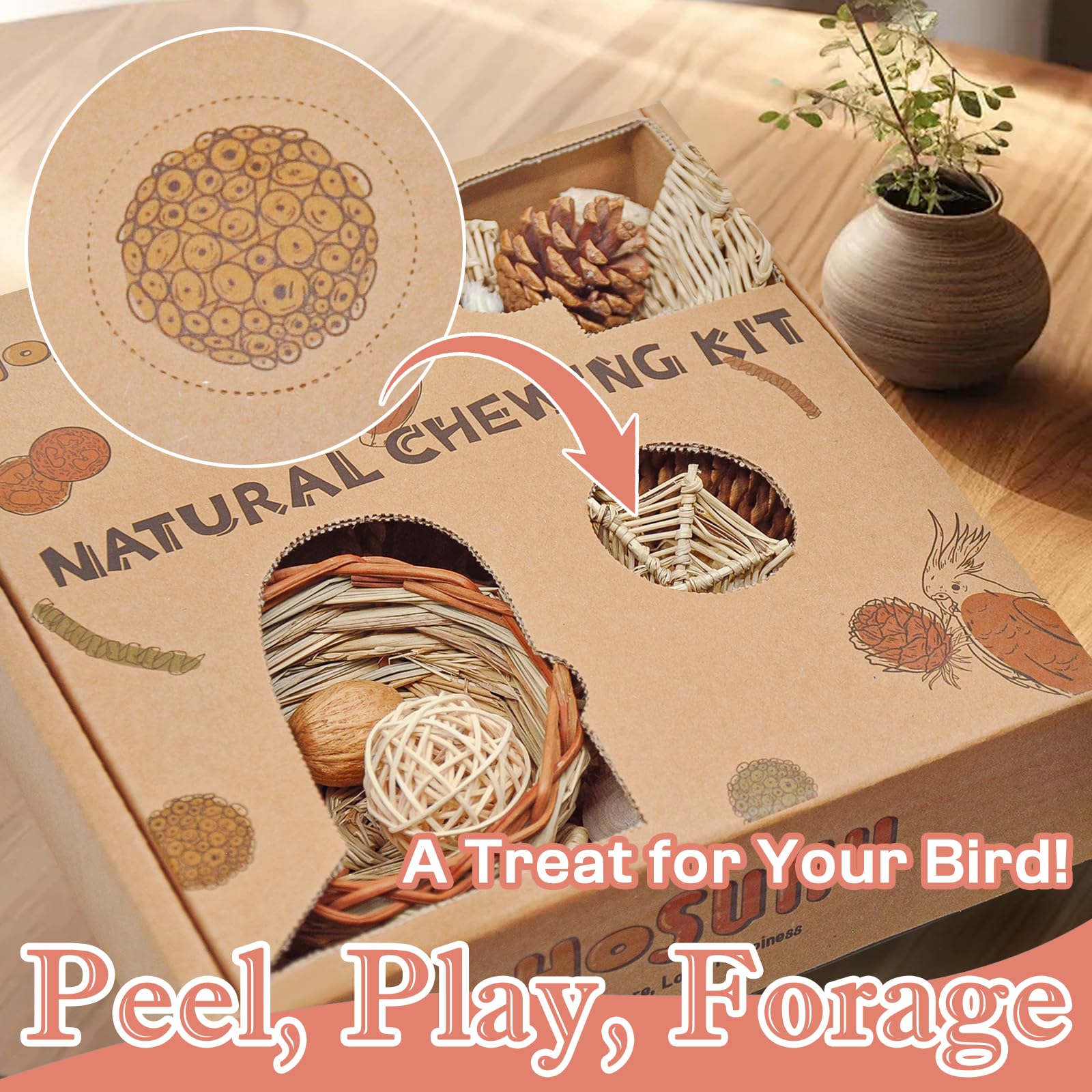 HOSUKU Natural Bird Foraging & Shredding Toys Box - Handmade Rattan Chewing Toys for Parakeets, Cockatiels, Conures, Lovebirds &
