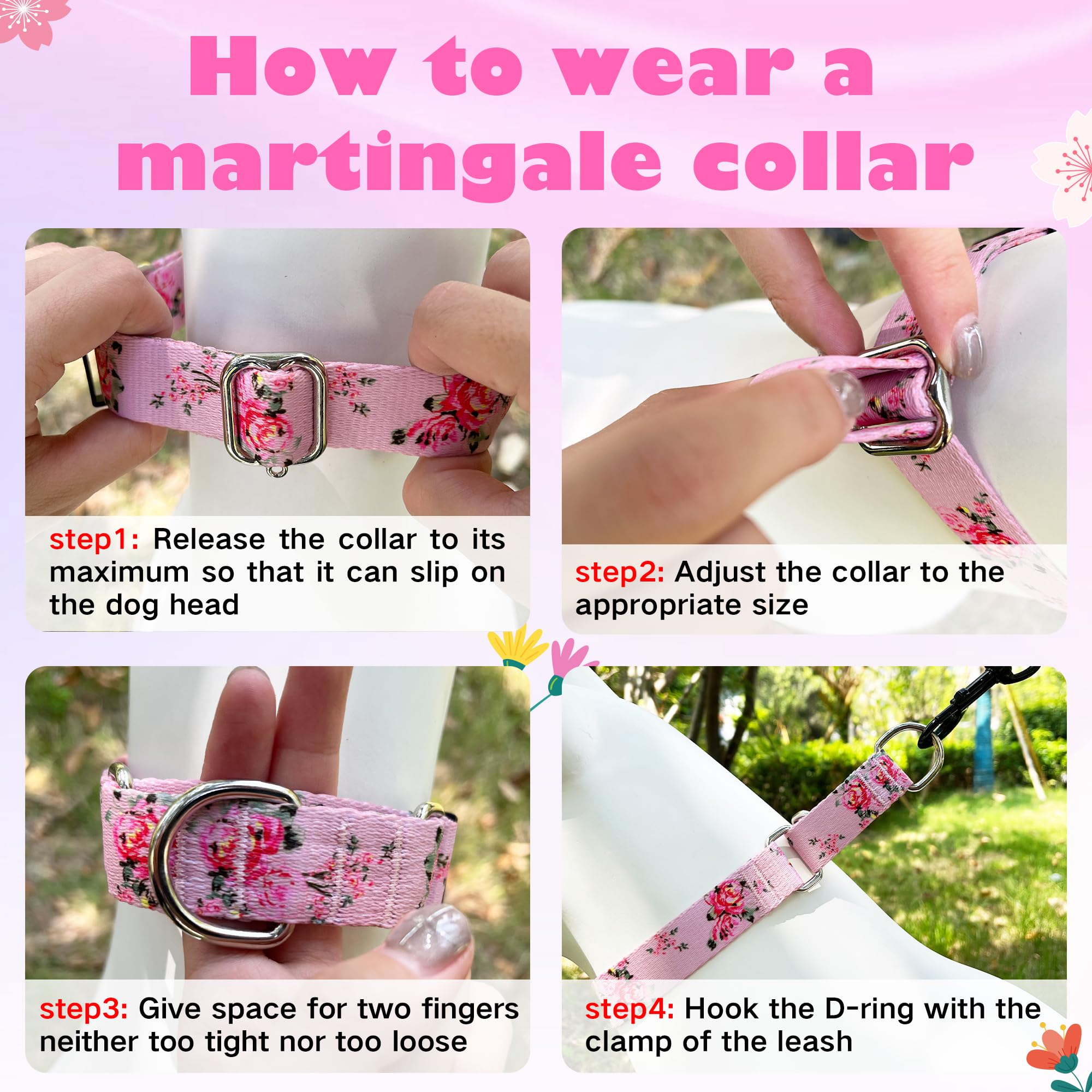 Hikiko Martingale Collar For Dogs With No Buckle Pink Floral Female Dog Collar Cute Girl Dog Collars For Small Dogs,Pink Rose,S
