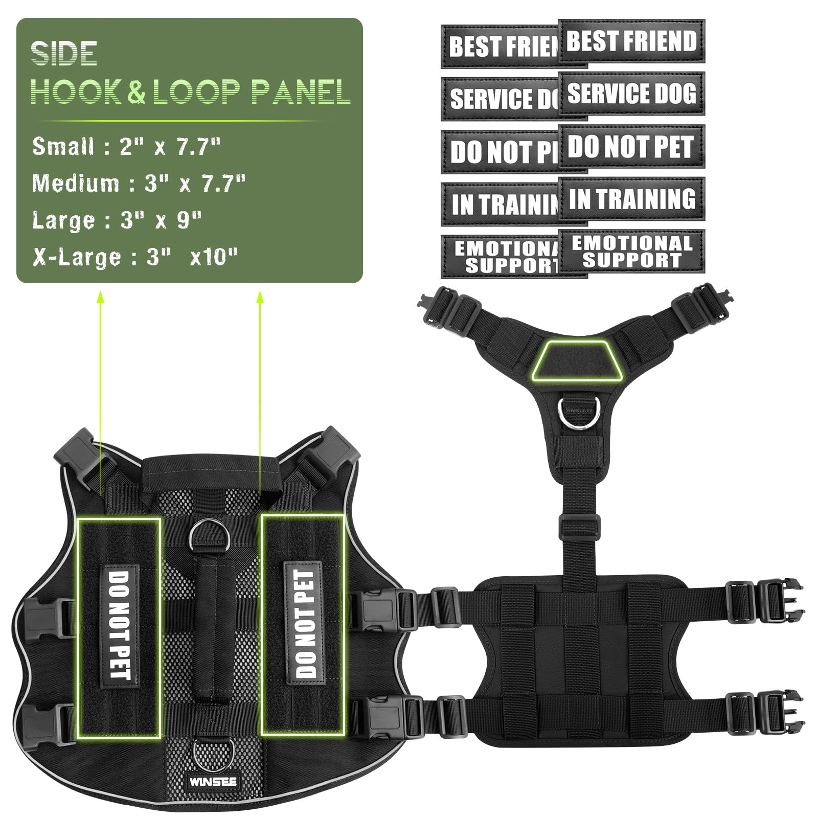 Winsee Mesh Dog Harness With 10 Pet Patches For Medium Service Dog In Training, Breathable Tactical Molle Vest With Double Handl