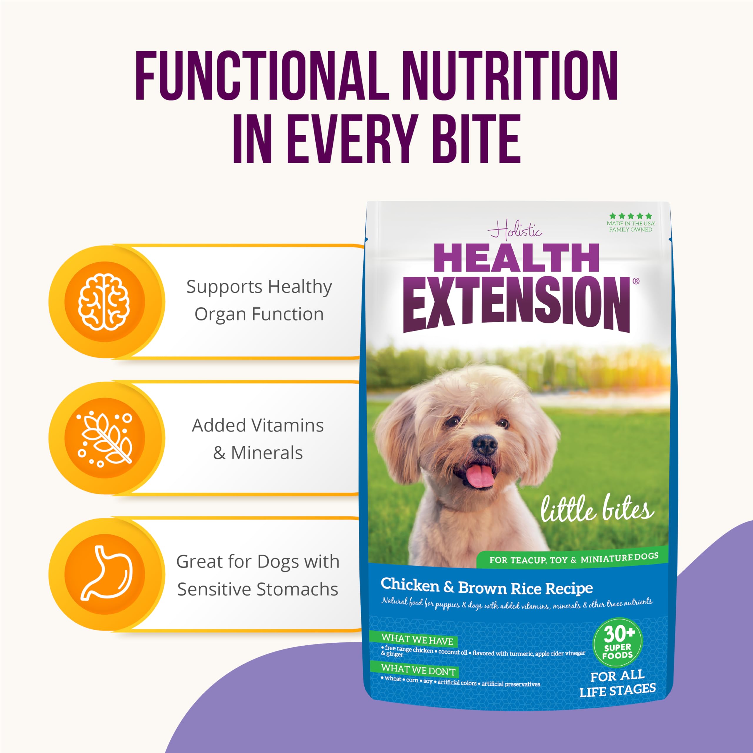 Health Extension Little Bites Chicken & Brown Rice Dry Dog Food (4 lb / 1.8 Kg) - Natural with Probiotics and Superfoods for Tea