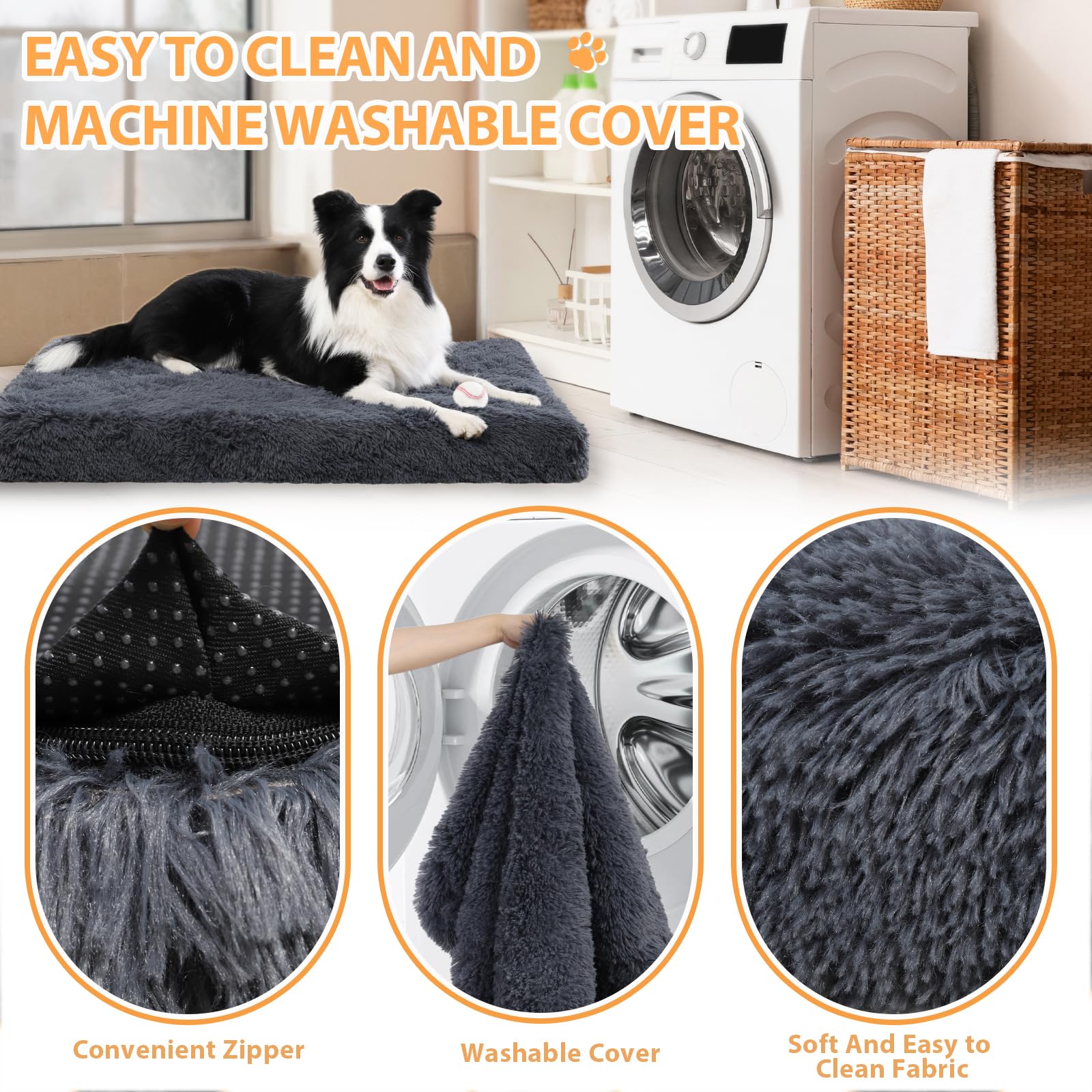 Champets Washable Dog Beds Large Sized Dog With Removable Cover, Super Soft Waterproof Dog Crate Bed With Non-Slip Bottom, Fluff