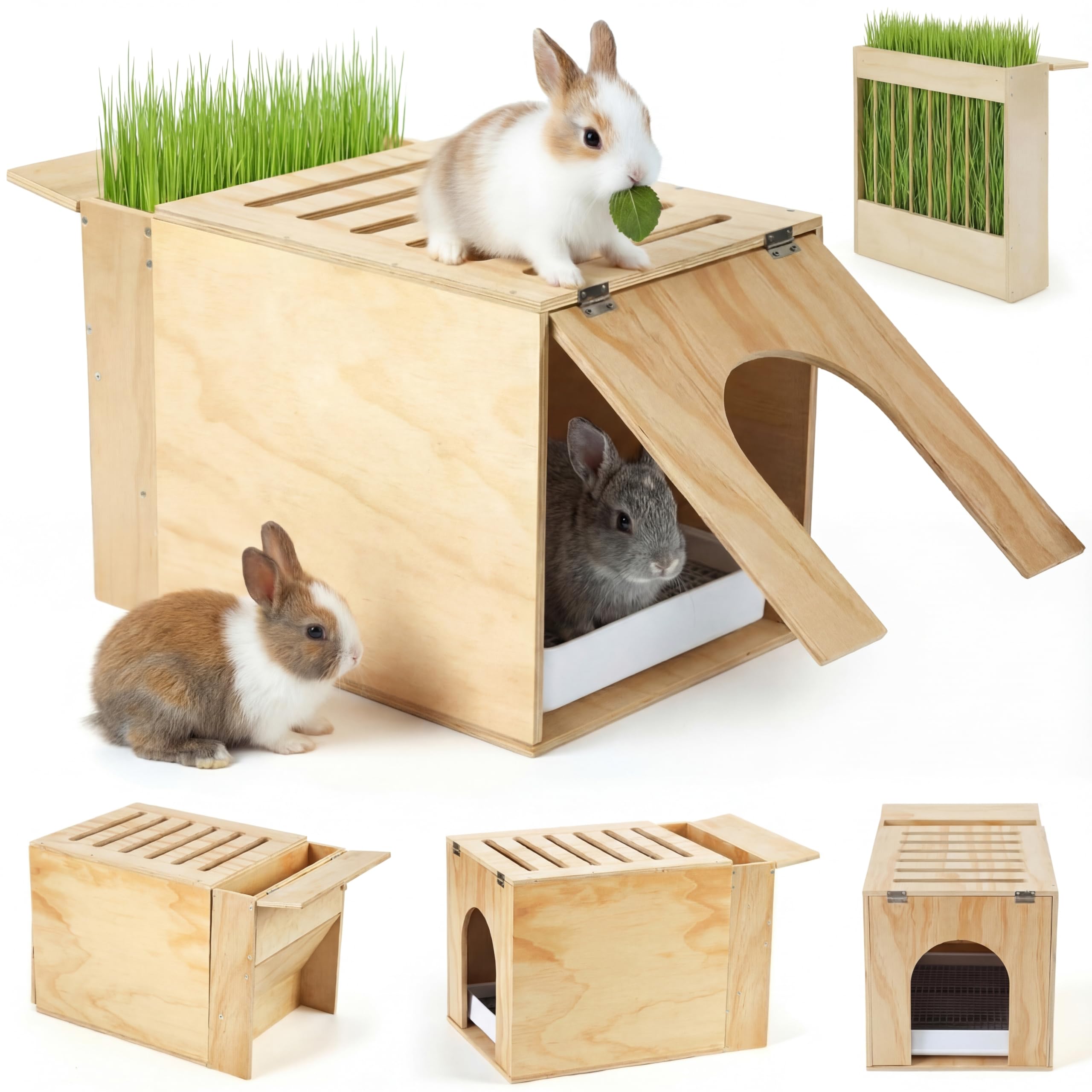 2 in 1 Extra Large 23 x 13.4 Inches Wooden Rabbit Litter Box with Hay Feeder Large Capacity Less Mess Rabbit Hay Feeder Litter B