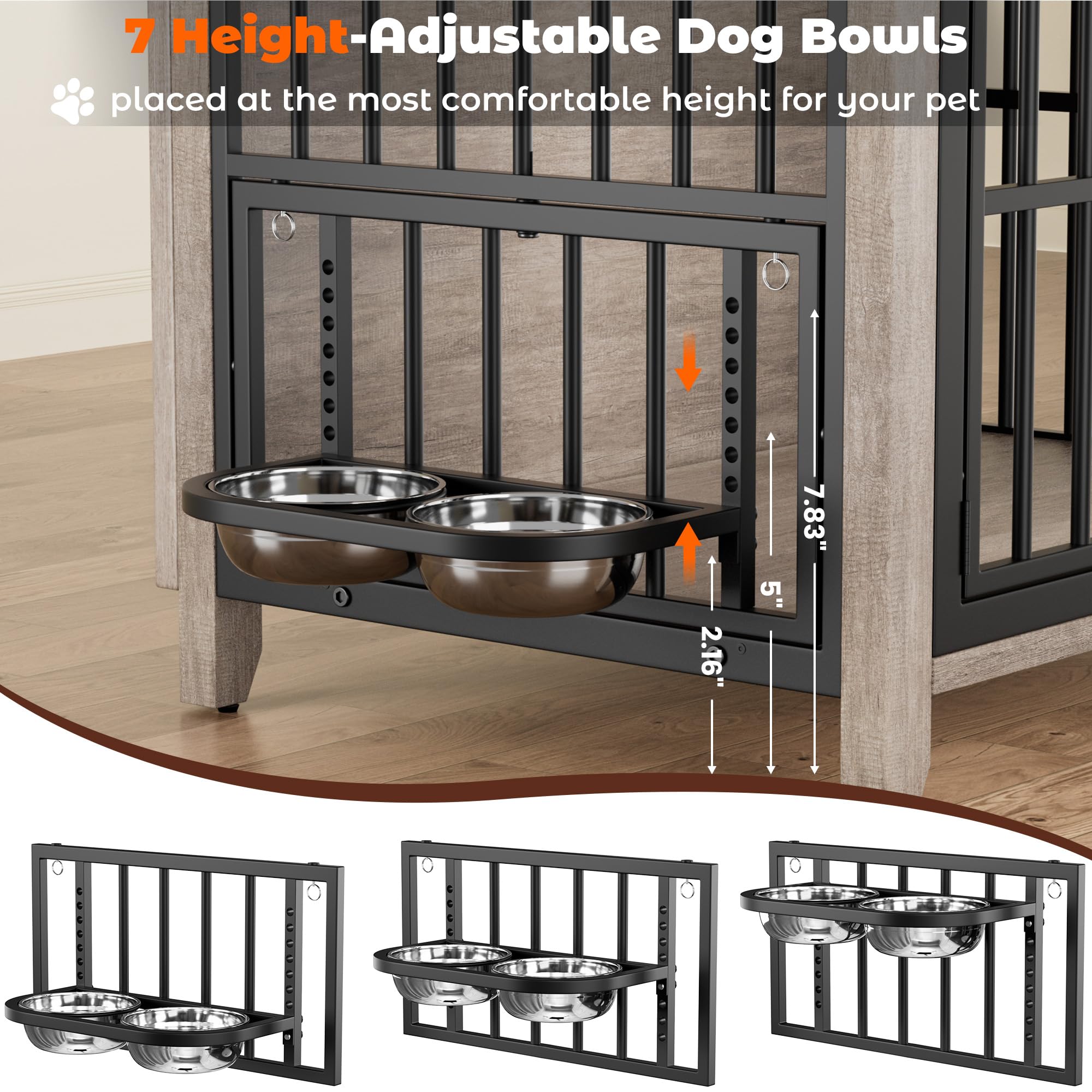 Lulive Dog Crate Furniture, Wooden Dog Kennel Indoor with Adjustable 360& Height Dog Bowls, Double Doors Furniture Dog Crates En